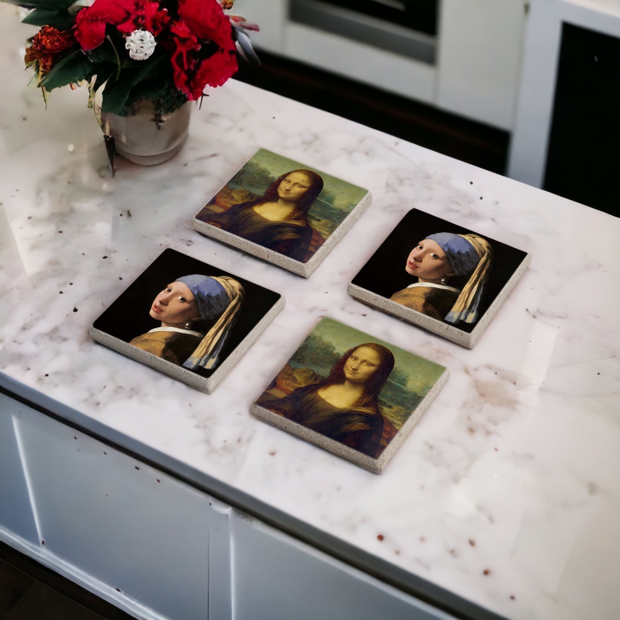 Mona Lisa ve İnci Küpeli Kız Temalı Doğal Taş Traverten Bardak Altlığı Stone Coasters 4 lü Set