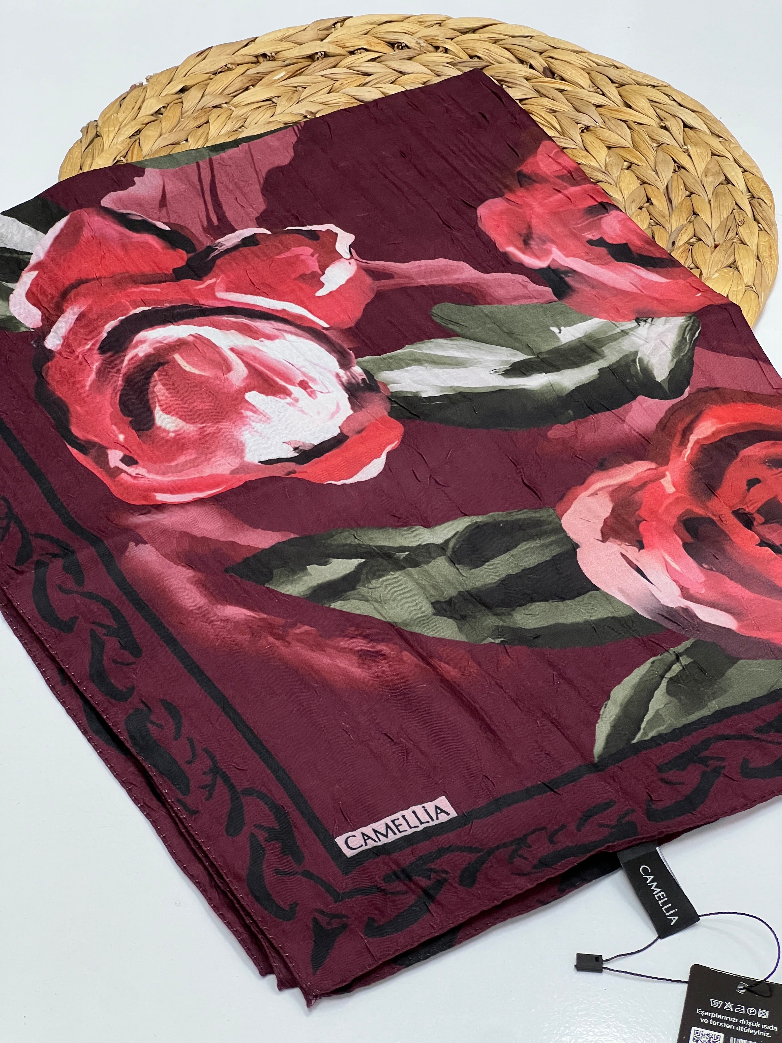 ÇİÇEK DESEN BAMBU KRAŞ ŞAL 2 - BORDO 2