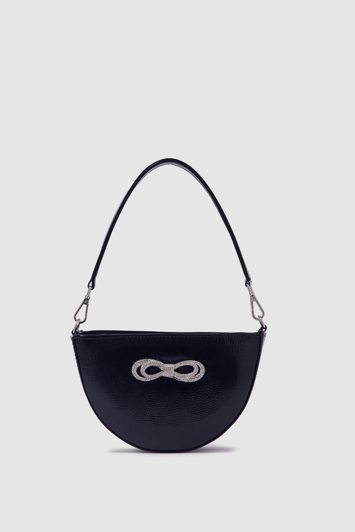 Metalik Fiyonk Taşlı Oval Kadın Baget Çanta - Siyah