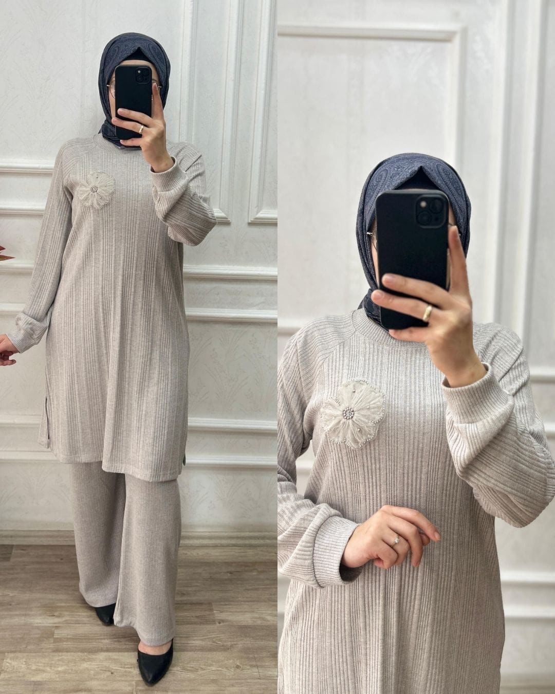 Parlak kumaşlı şık takım (gri)