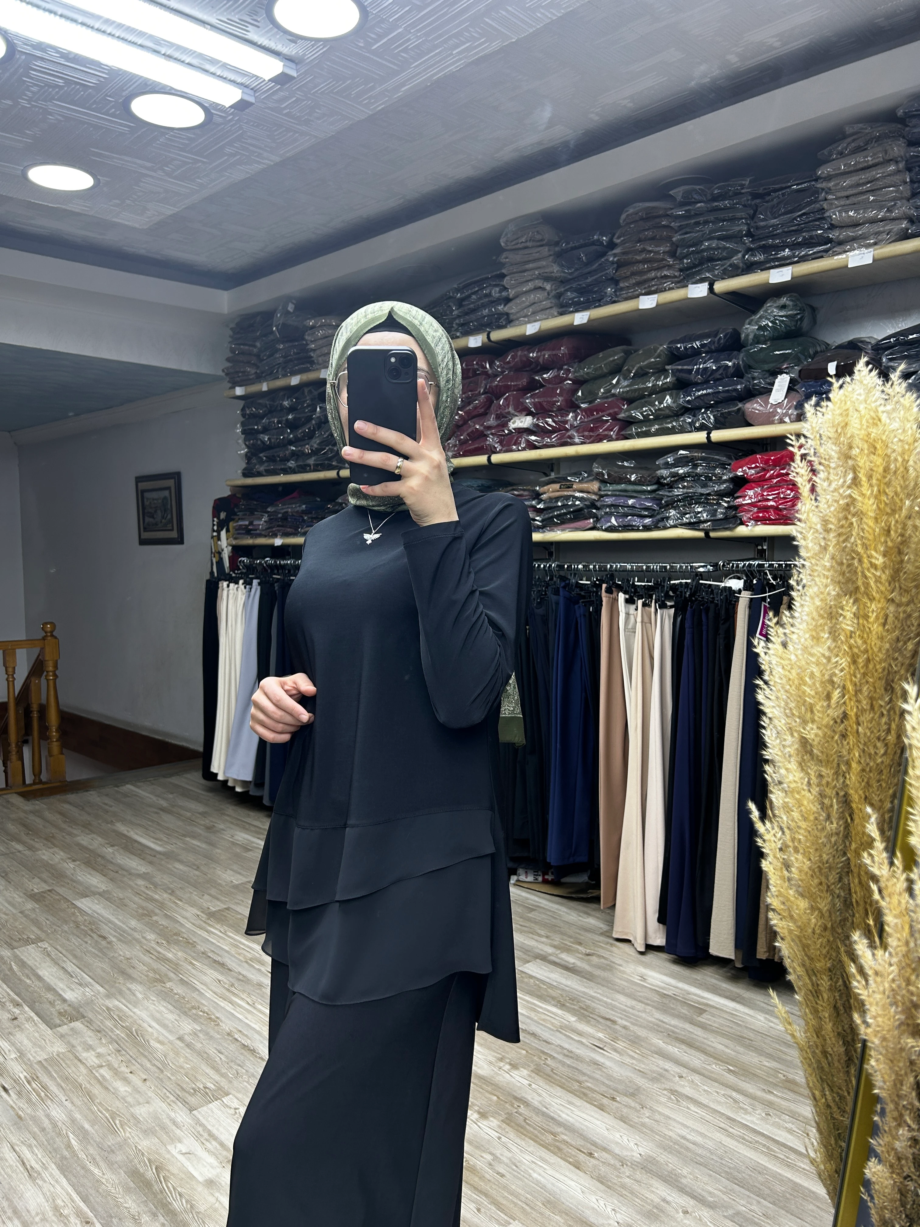 Şifon önü pileli ikili takım (siyah)