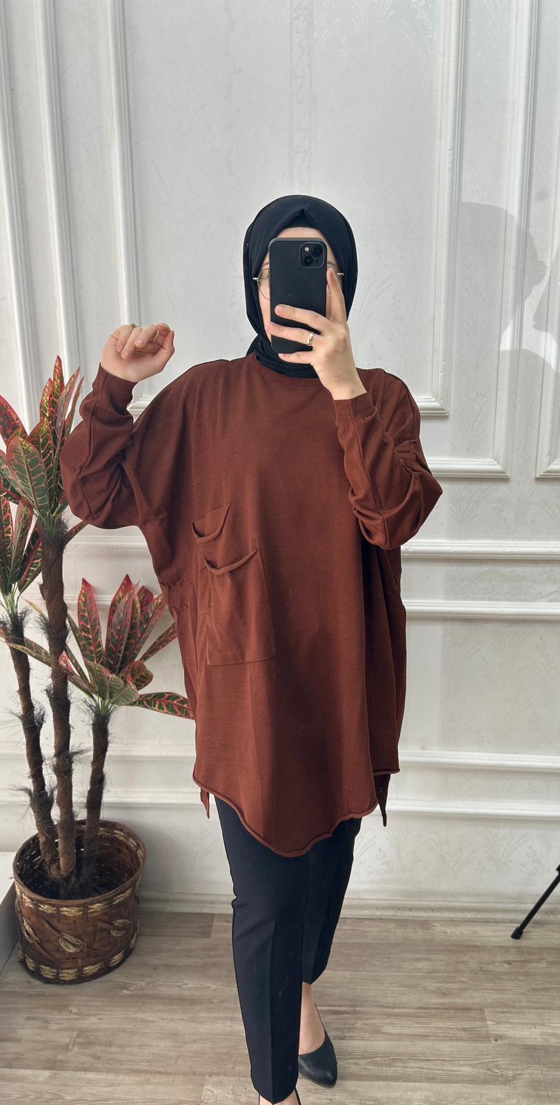 Büyük beden soğuk triko tunik (kahverengi)