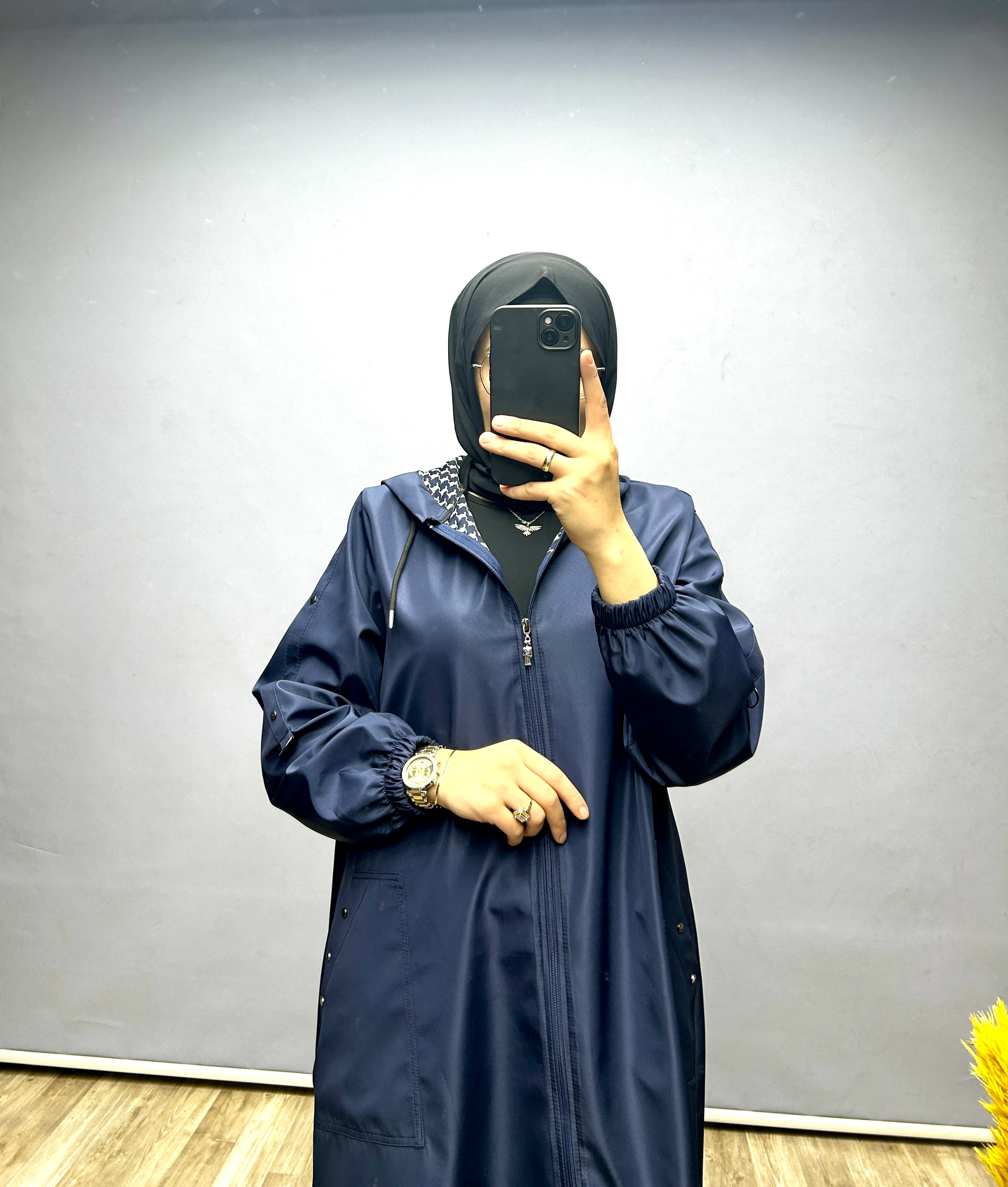 Kapüşonlu trenç kap (lacivert)