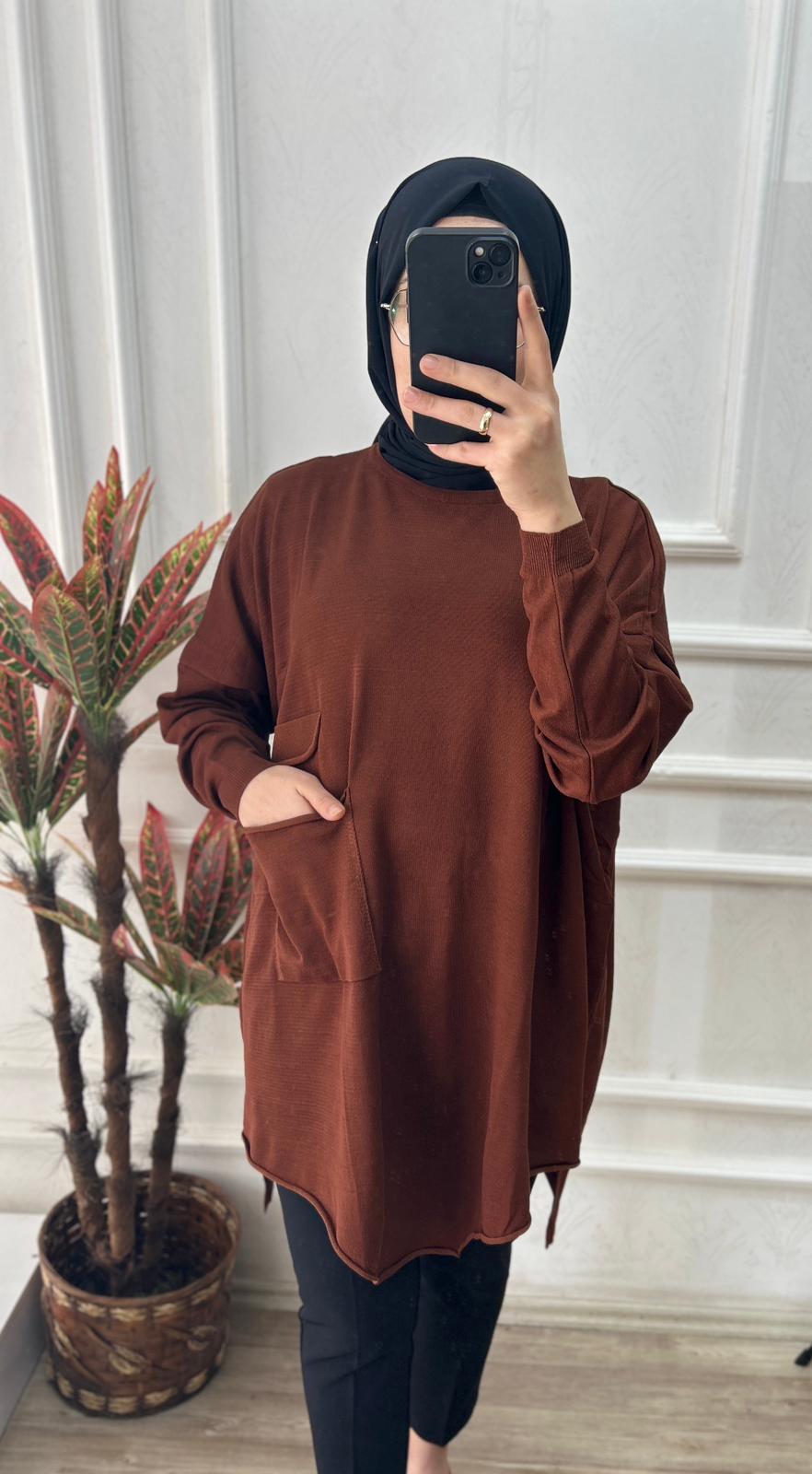 Büyük beden soğuk triko tunik (kahverengi)