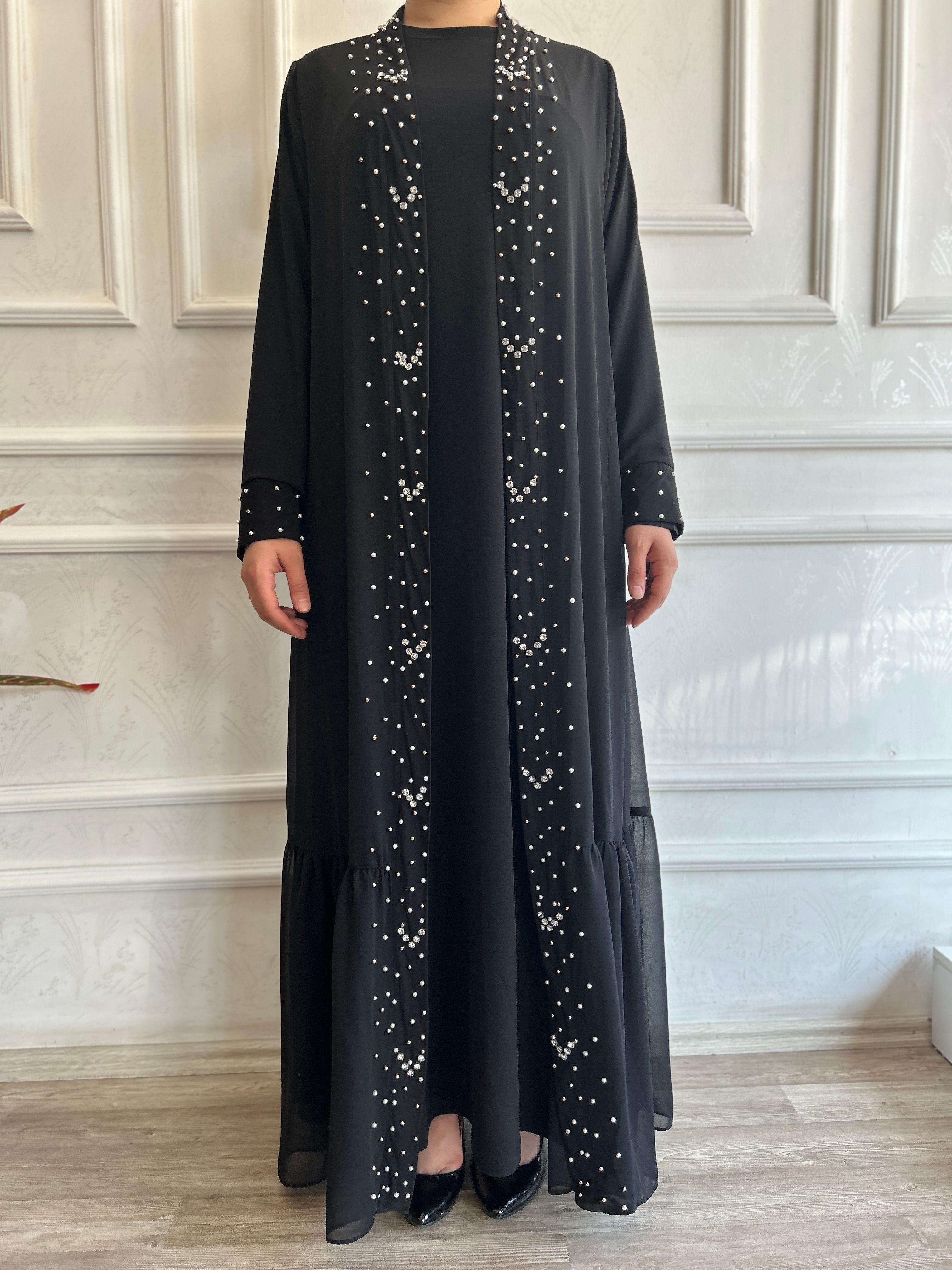 Eteği Fırfırlı Taşlı Abaya
