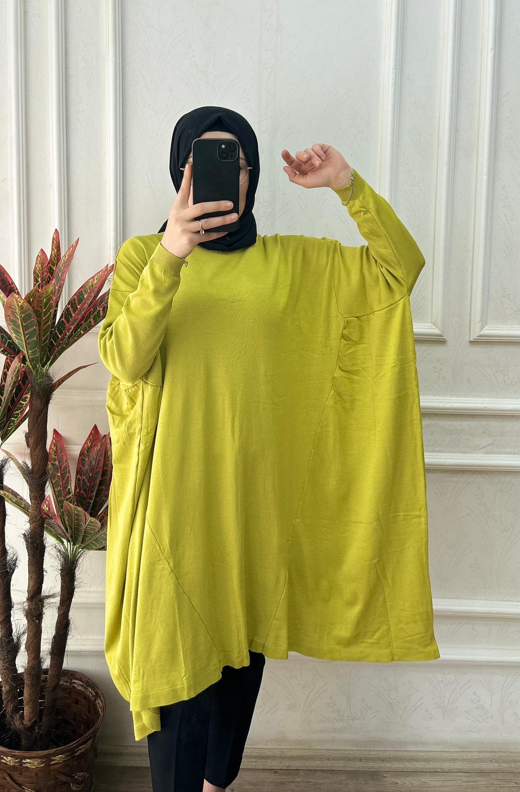 Büyük beden soğuk triko tunik (yağ yeşili)
