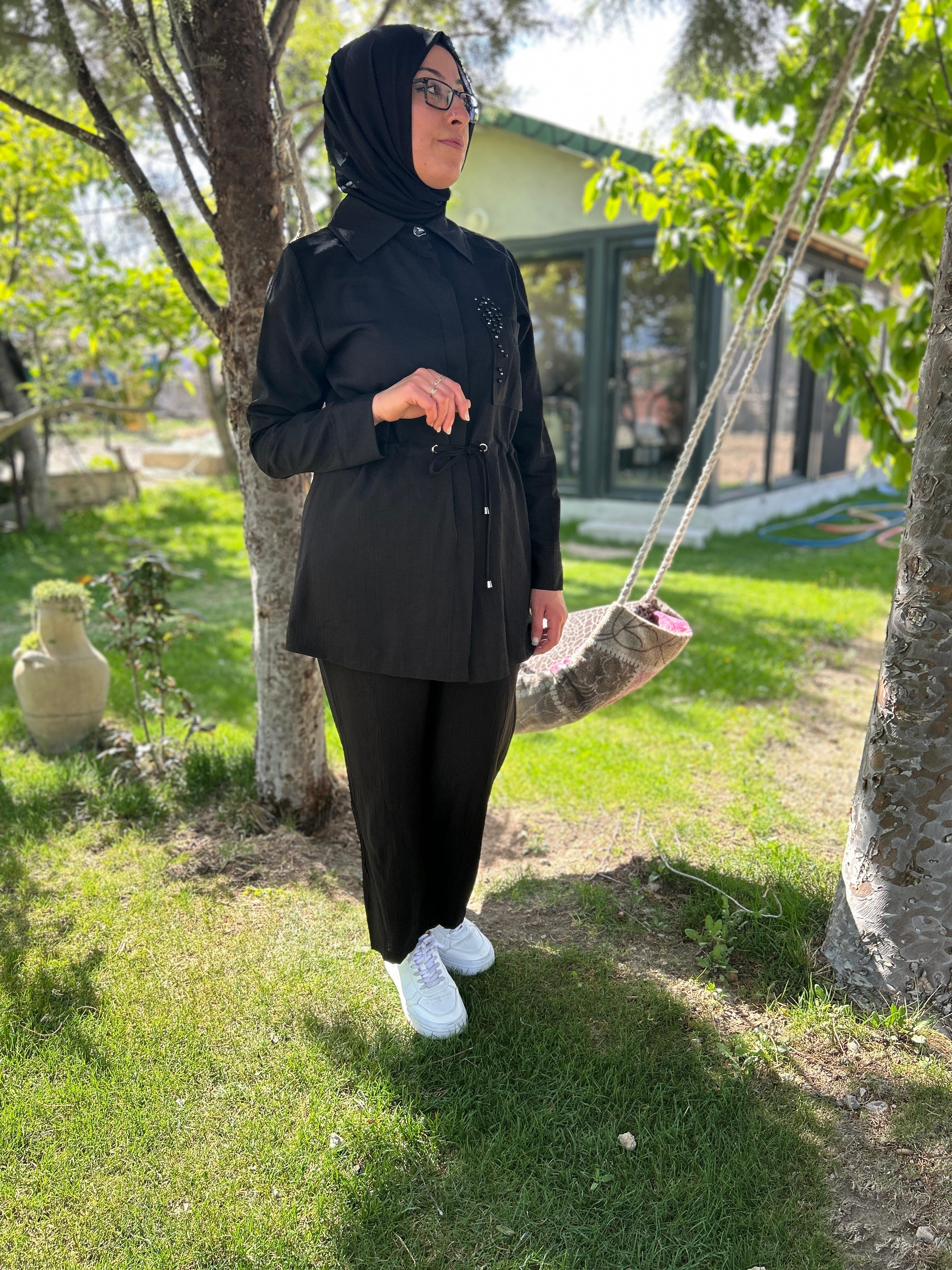 Beli Bağcıklı İkili Takım (Siyah)