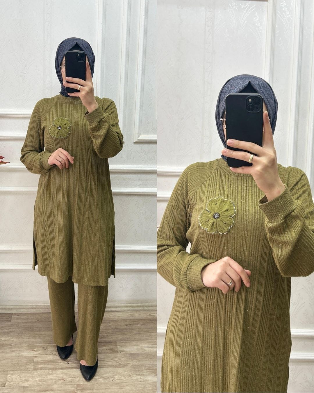 Parlak kumaşlı şık takım (yağ yeşili)