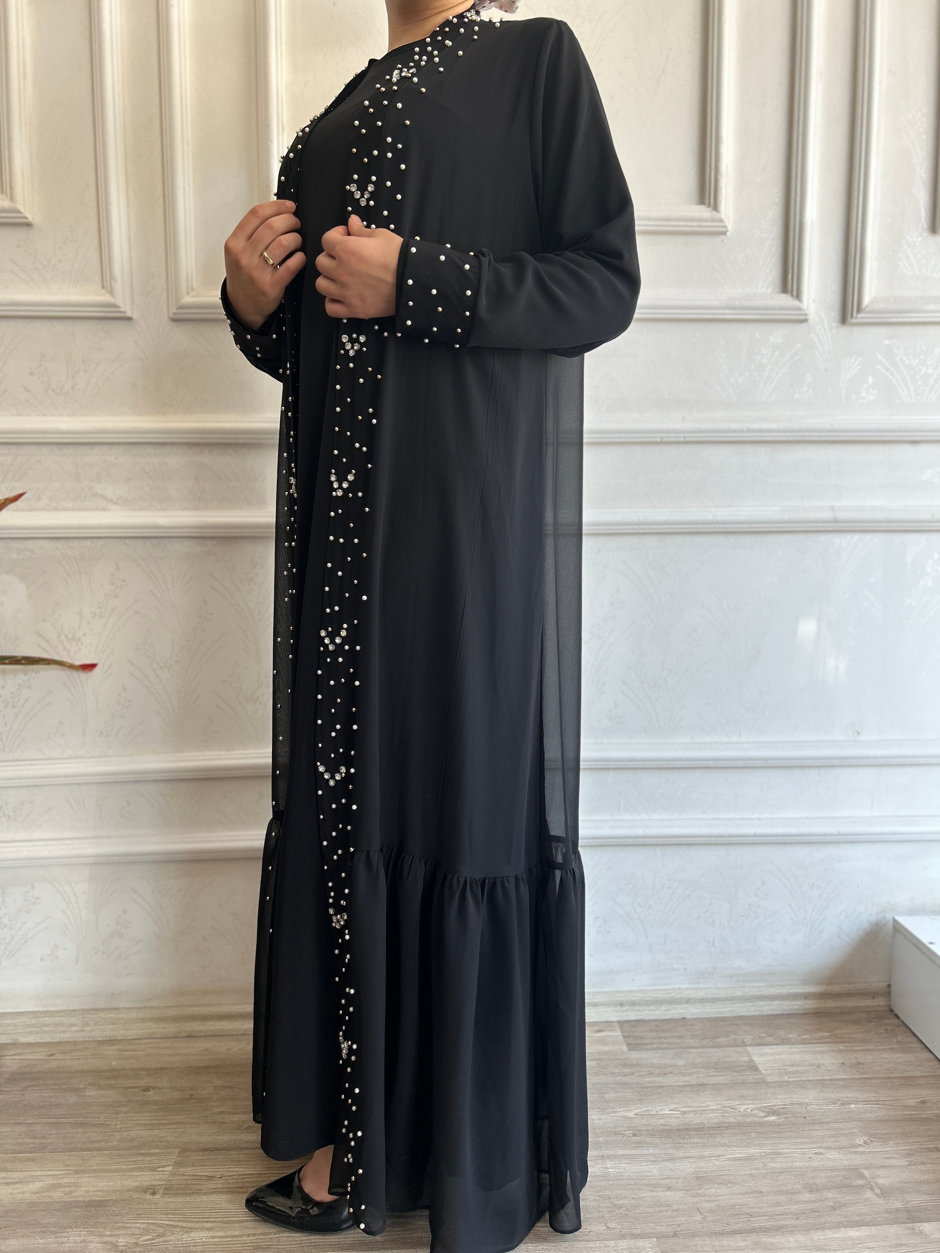 Eteği Fırfırlı Taşlı Abaya