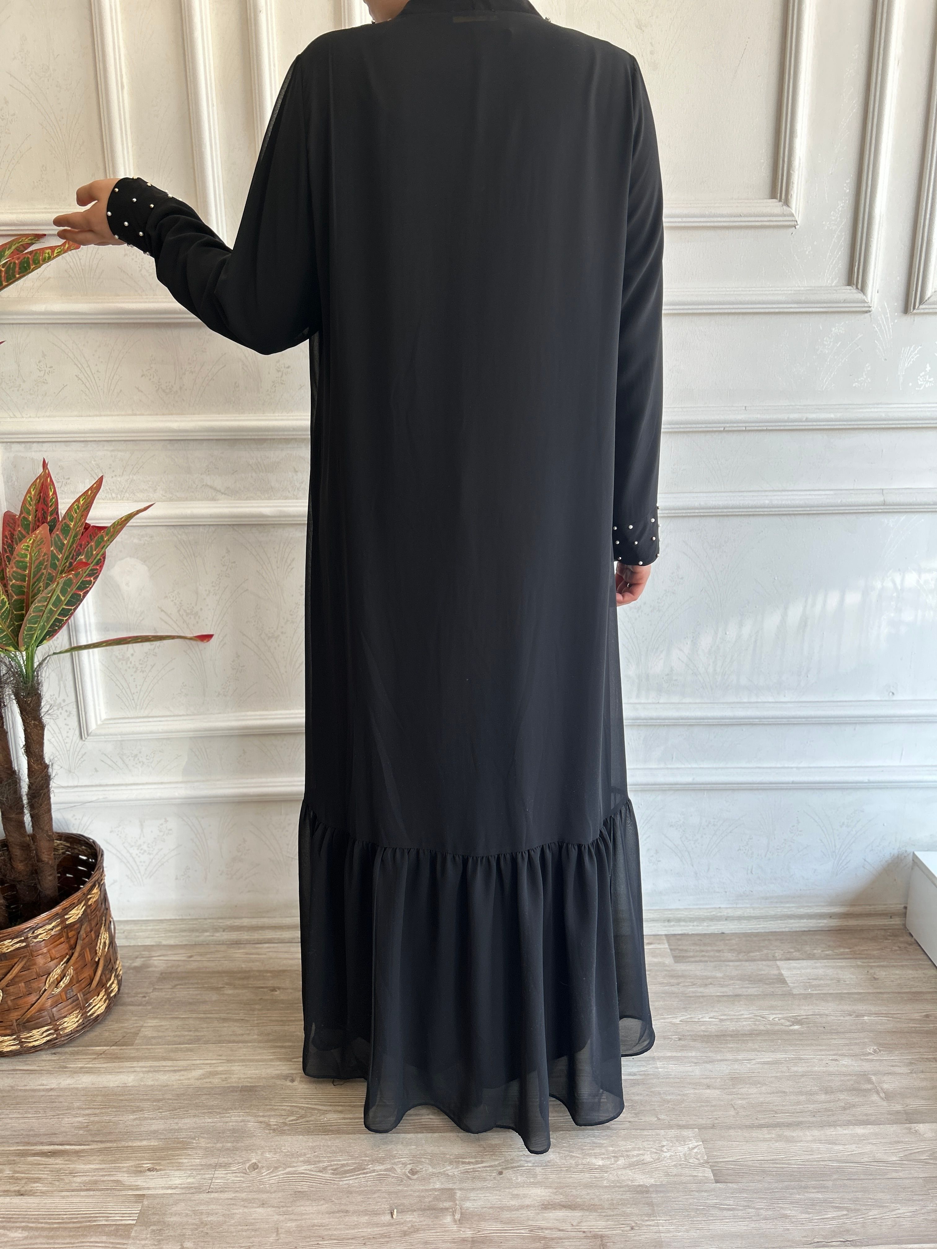 Eteği Fırfırlı Taşlı Abaya