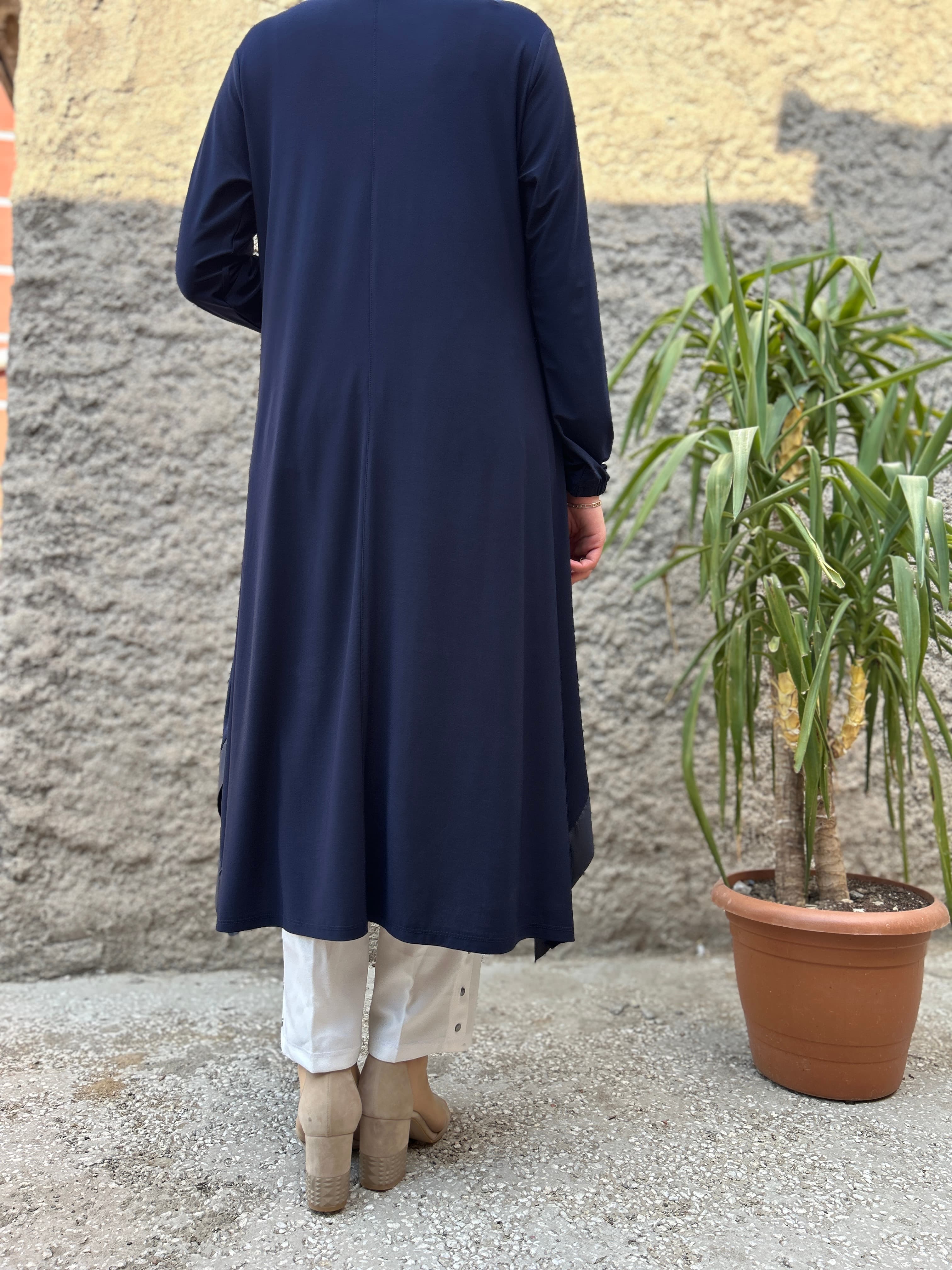 Deri Geçişli Sandy Tunik (Lacivert)