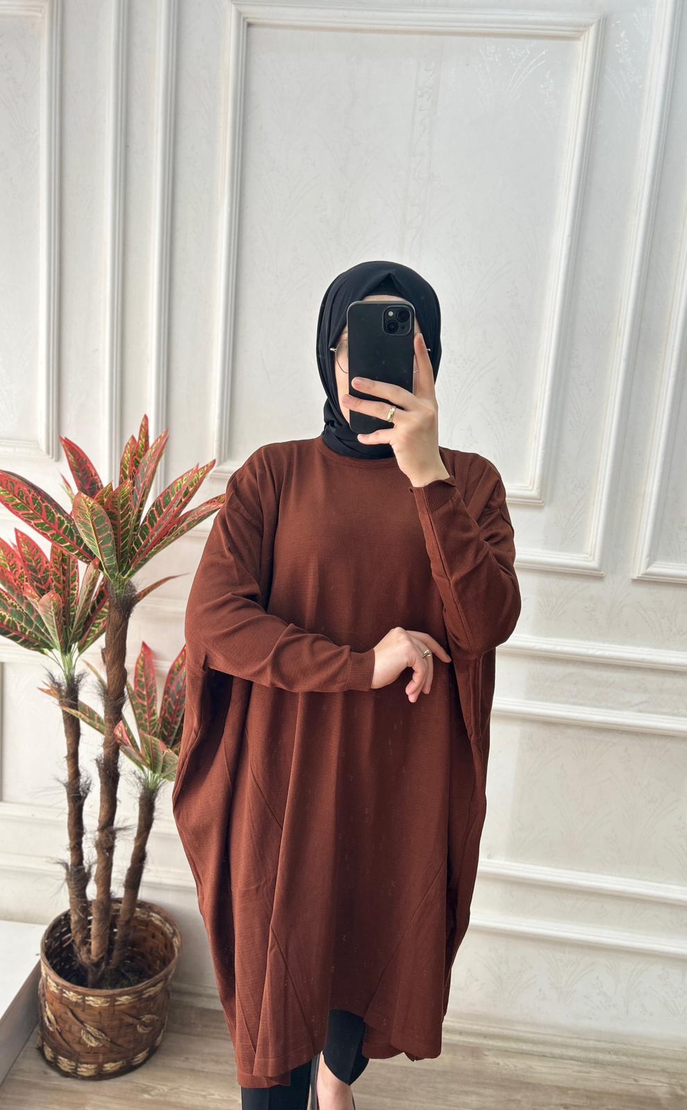 Büyük beden soğuk triko tunik (kahverengi)