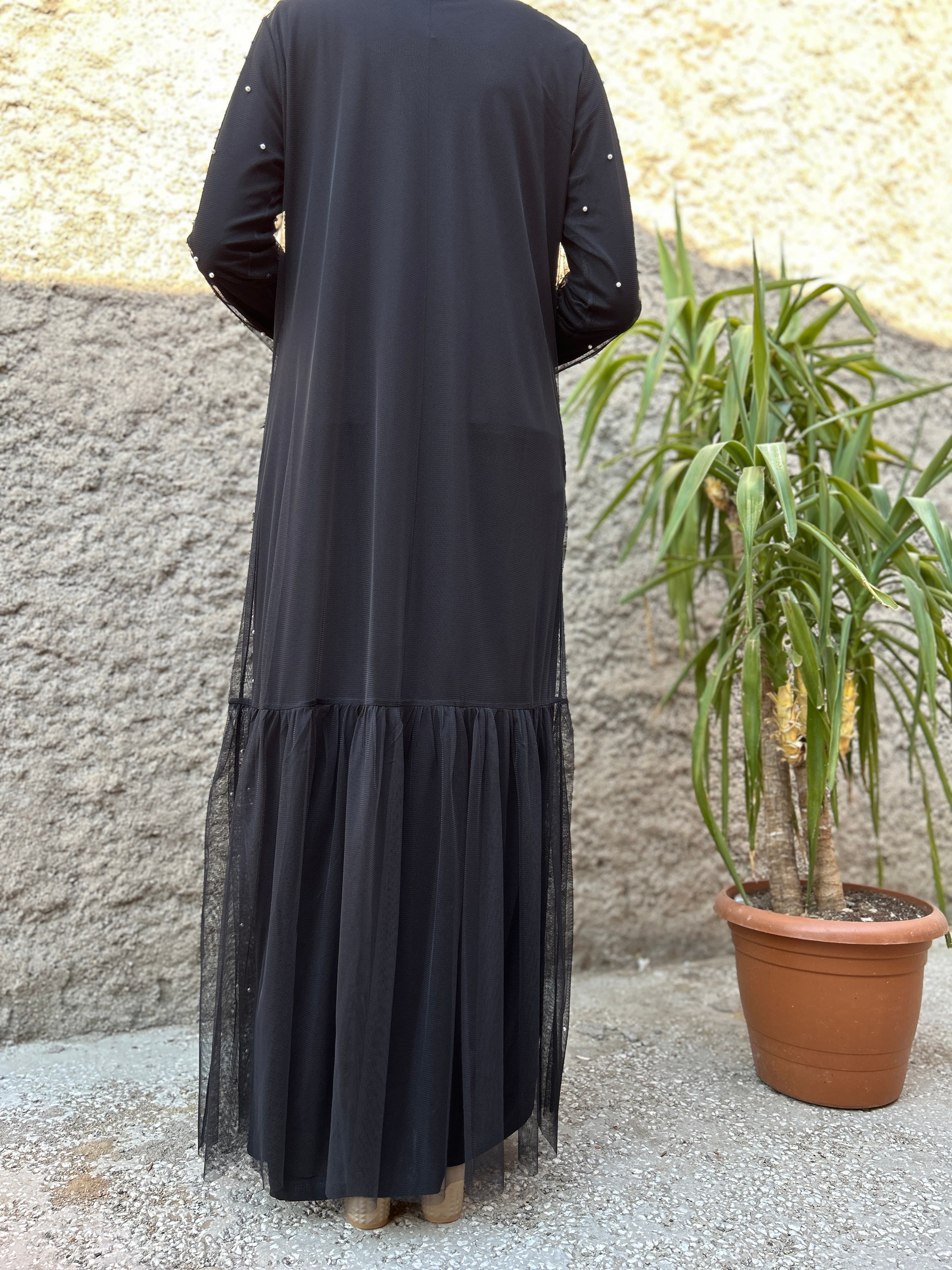 İnci Detaylı Abaya (Siyah)