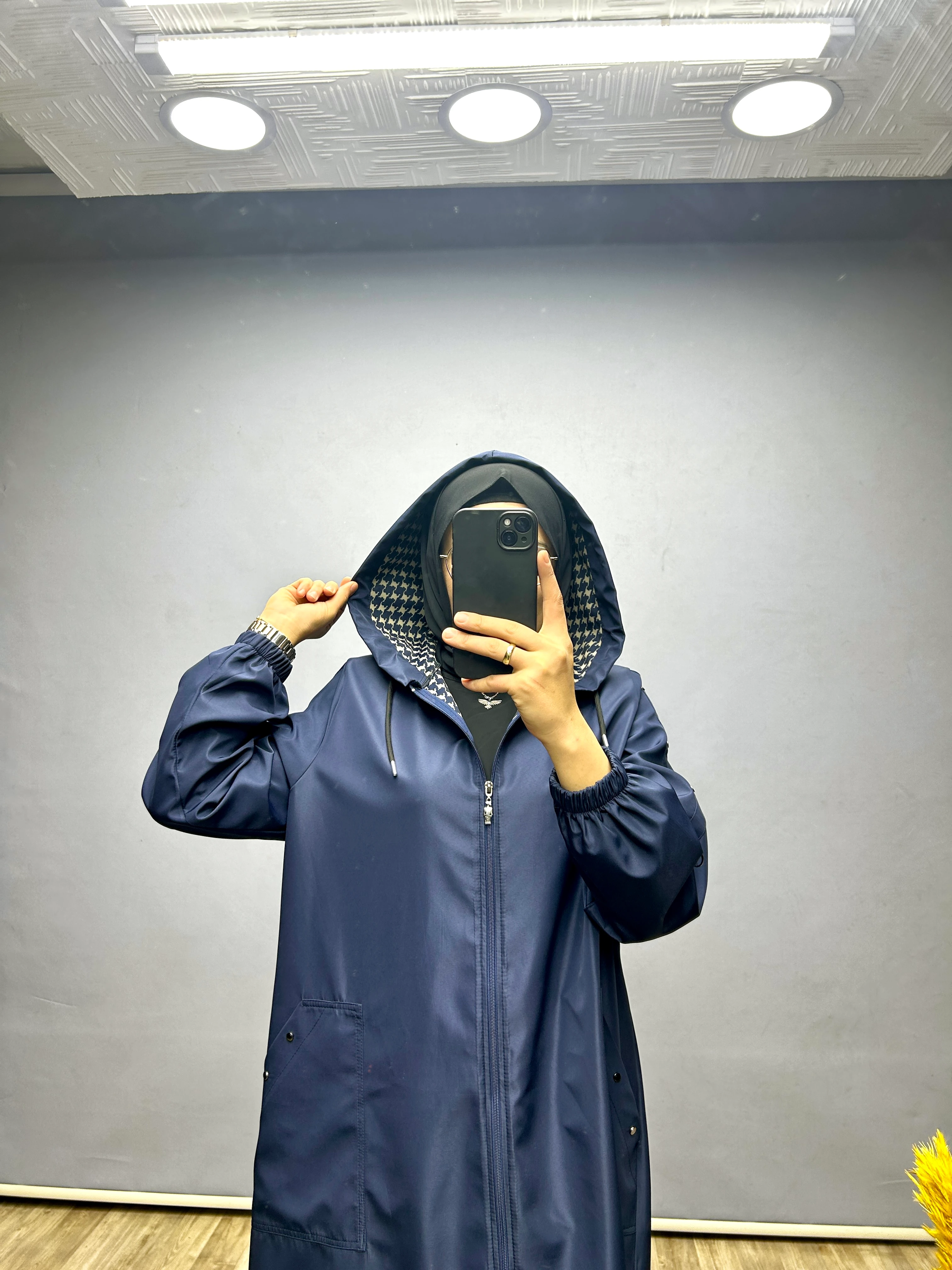 Kapüşonlu trenç kap (lacivert)