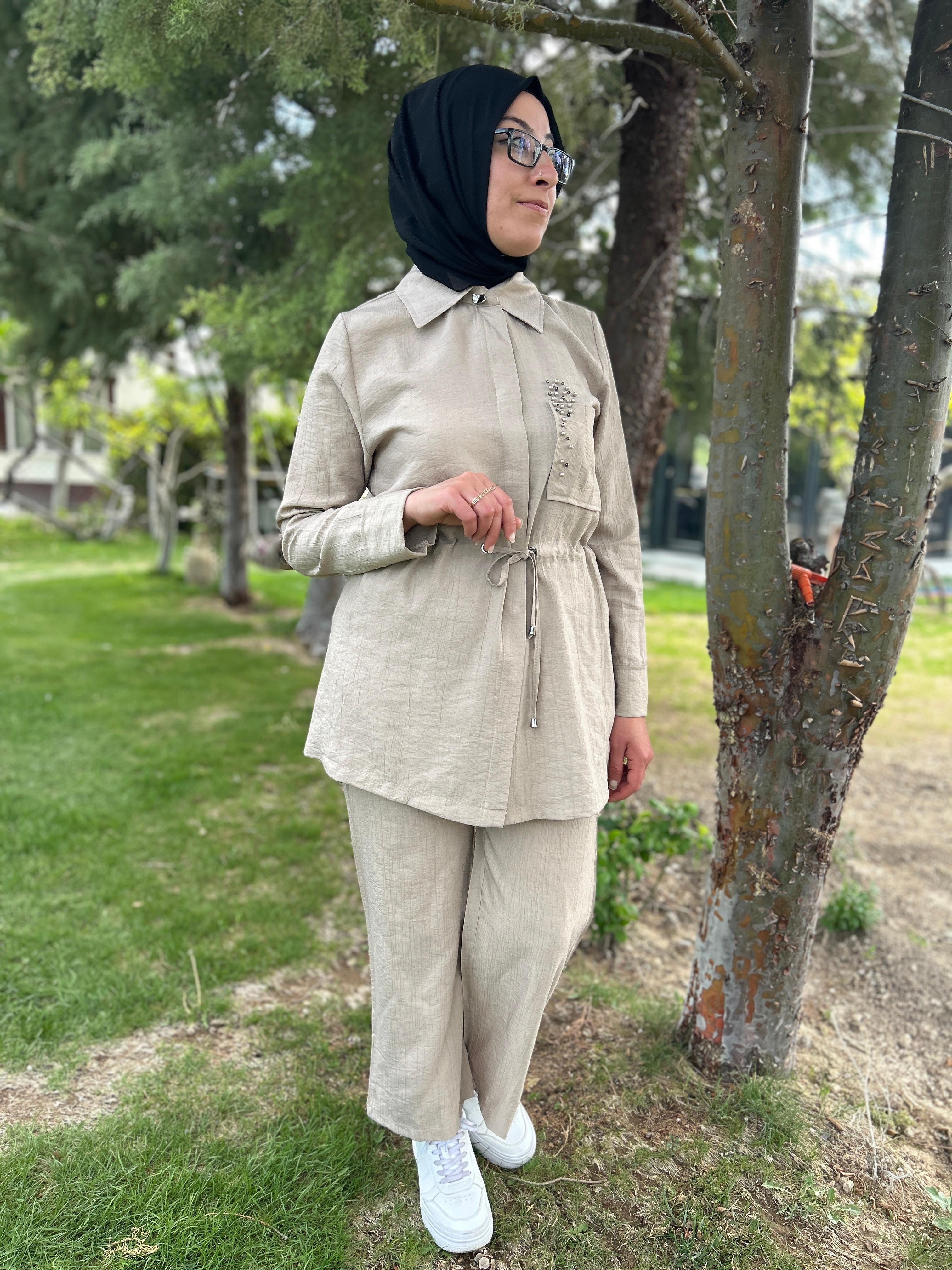 Beli Bağcıklı İkili Takım (Krem)