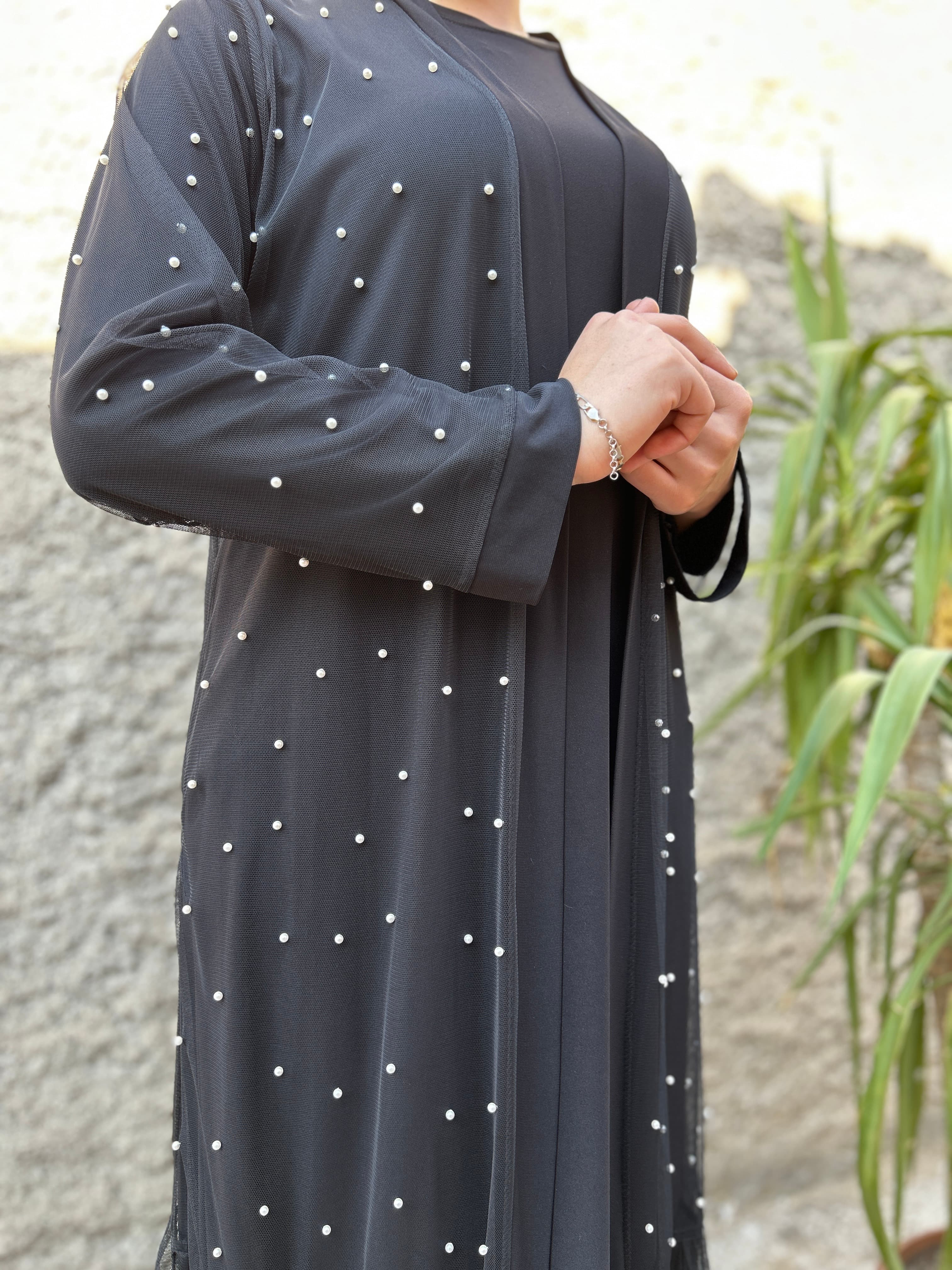İnci Detaylı Abaya (Siyah)