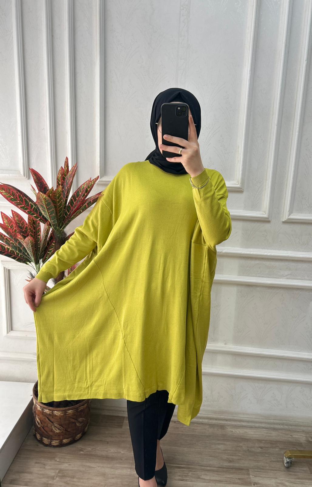 Büyük beden soğuk triko tunik (yağ yeşili)