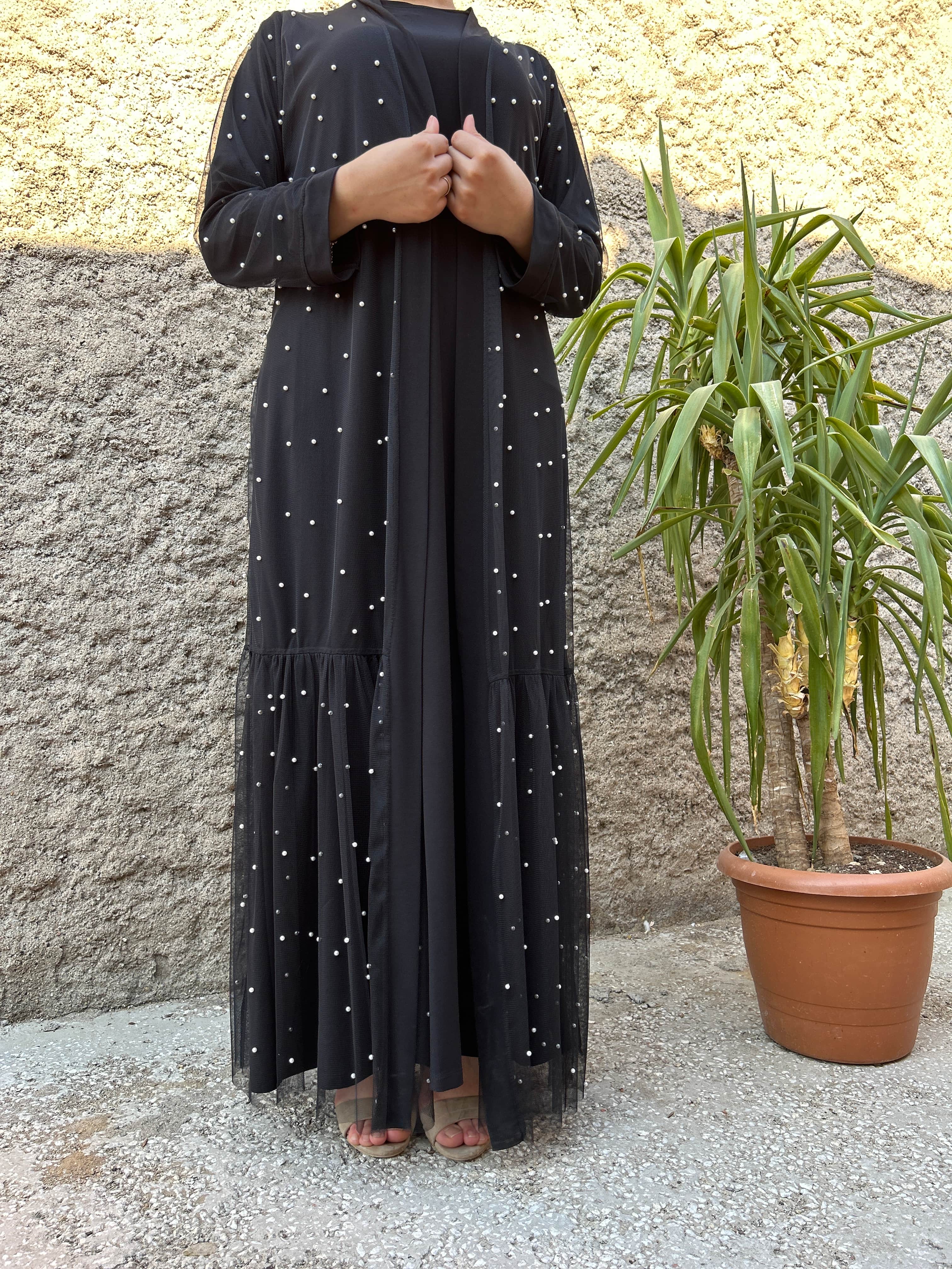 İnci Detaylı Abaya (Siyah)