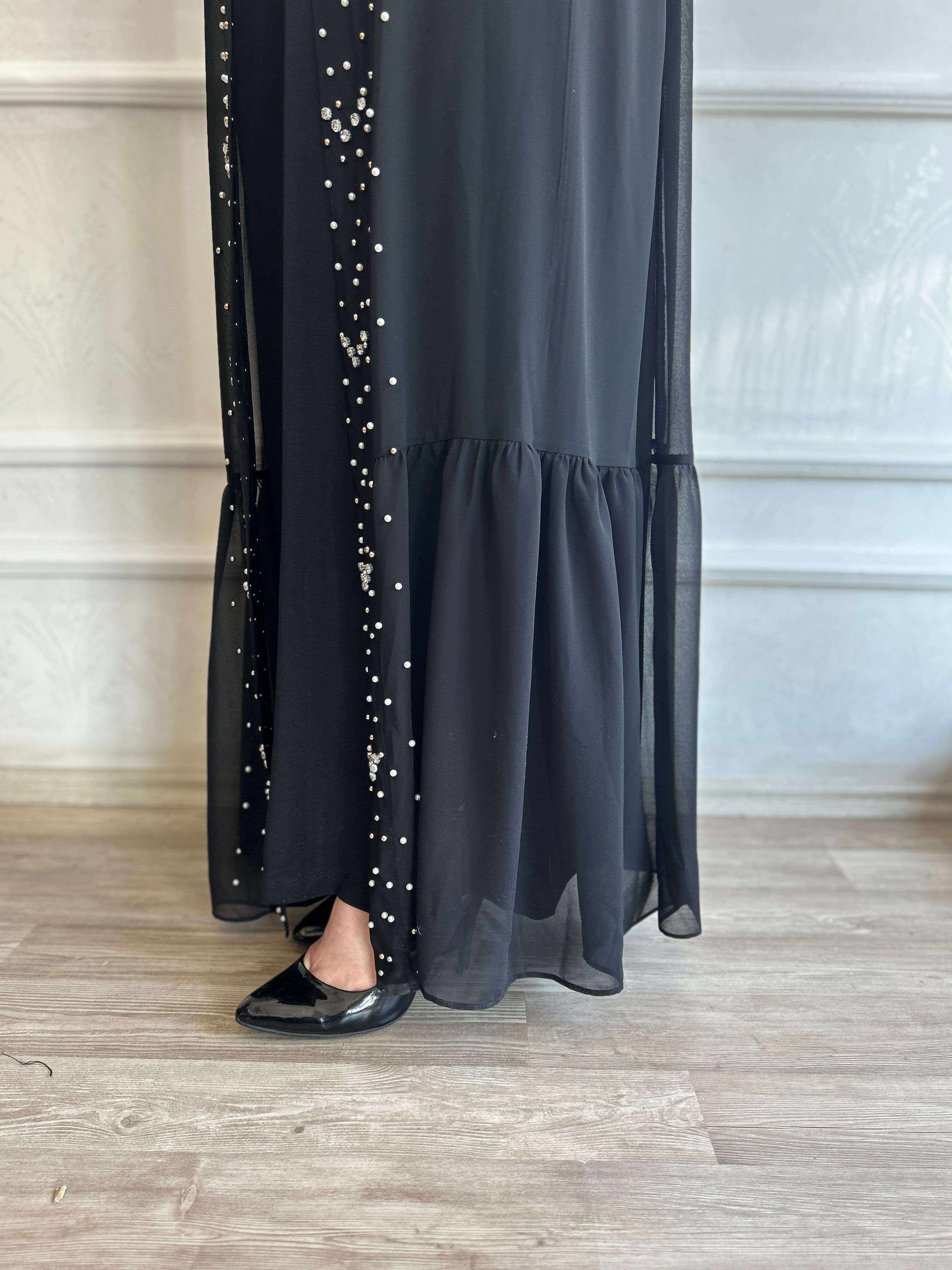 Eteği Fırfırlı Taşlı Abaya
