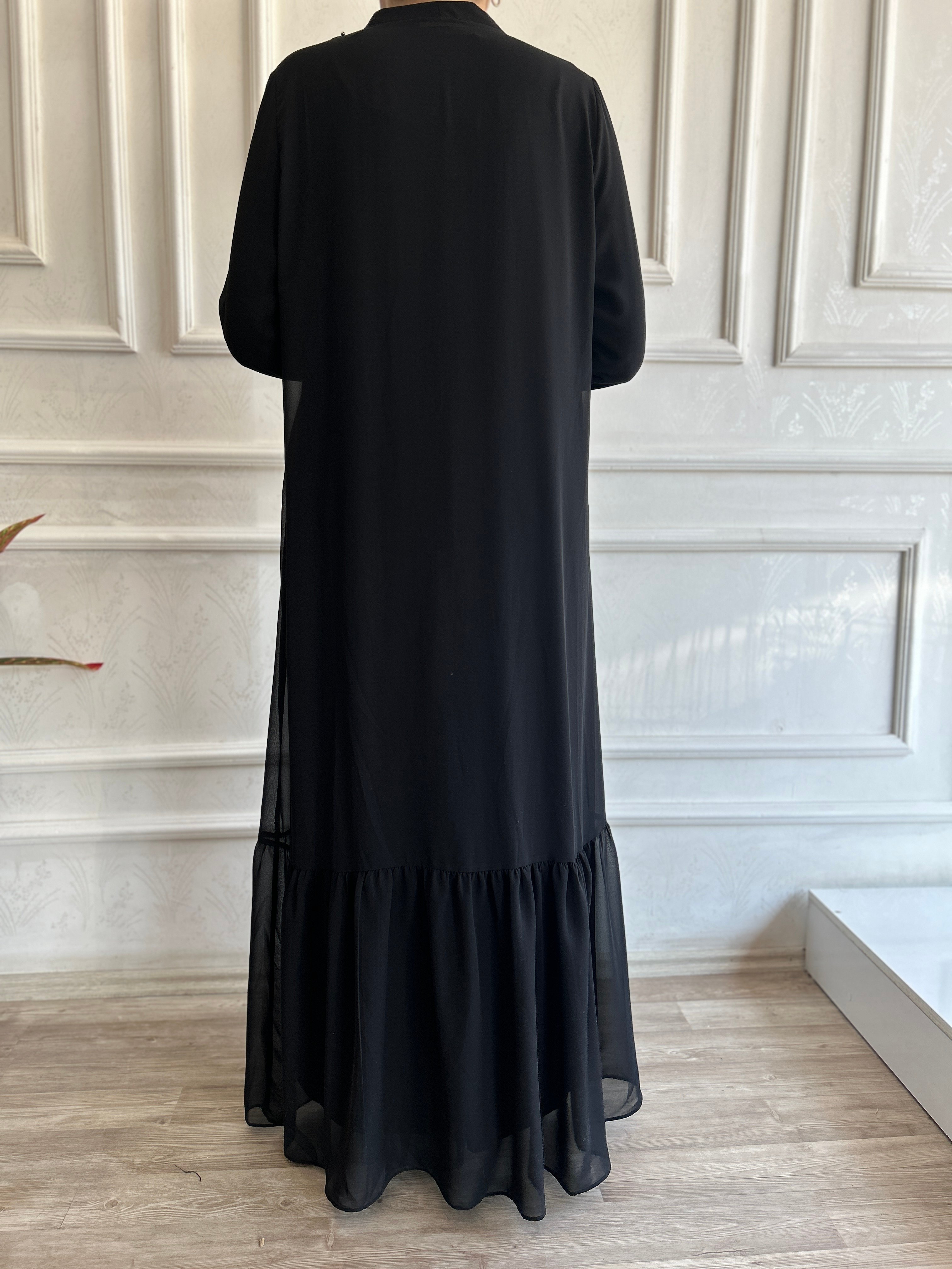 Eteği Fırfırlı Taşlı Abaya