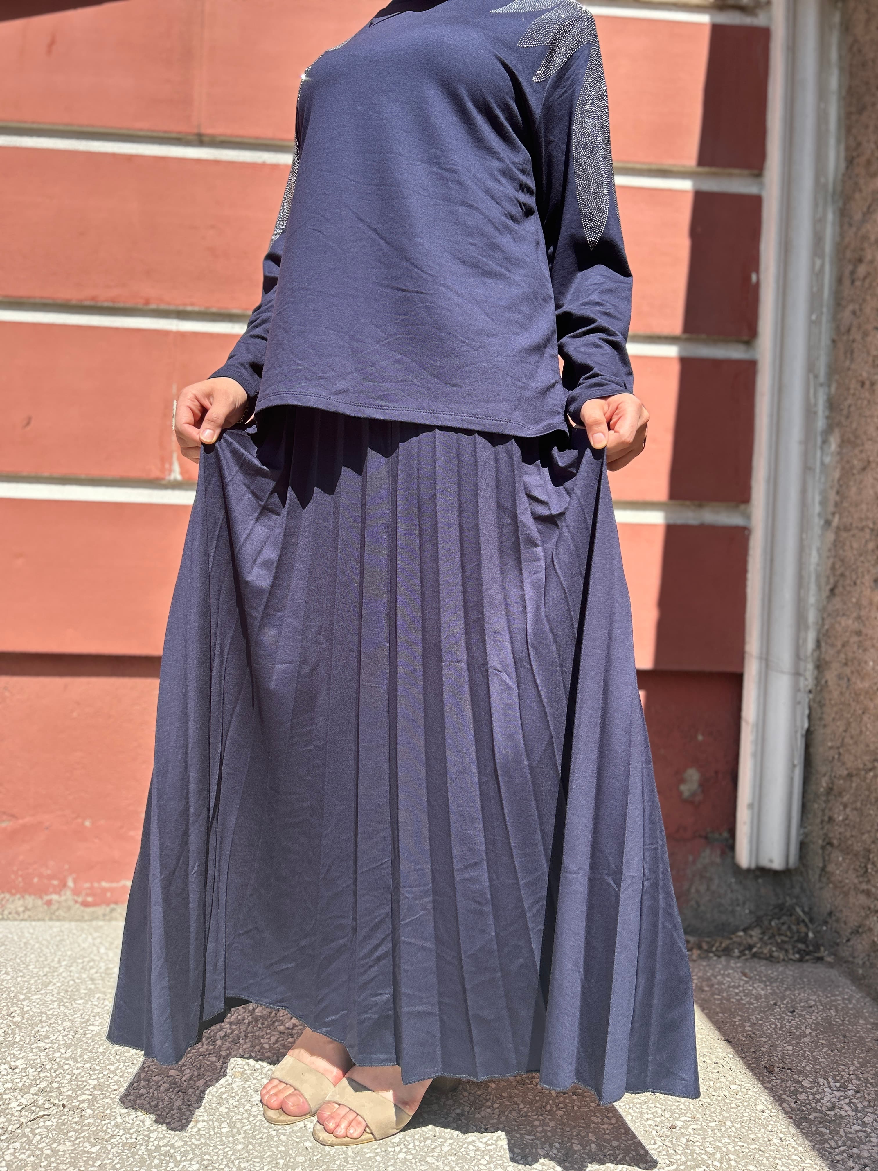 Taş Detaylı Piliseli Etekli Takım (Lacivert)