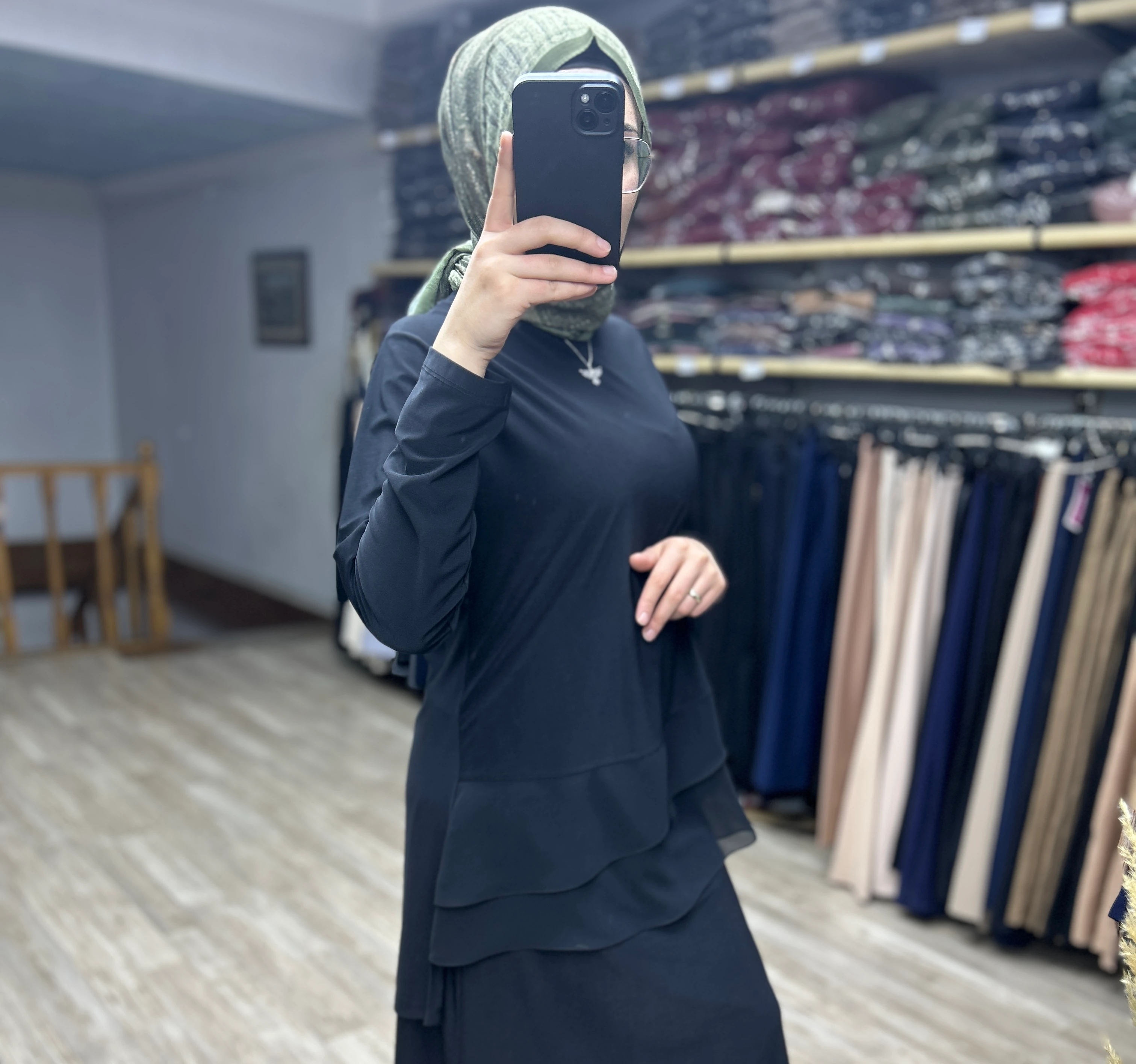 Şifon önü pileli ikili takım (siyah)