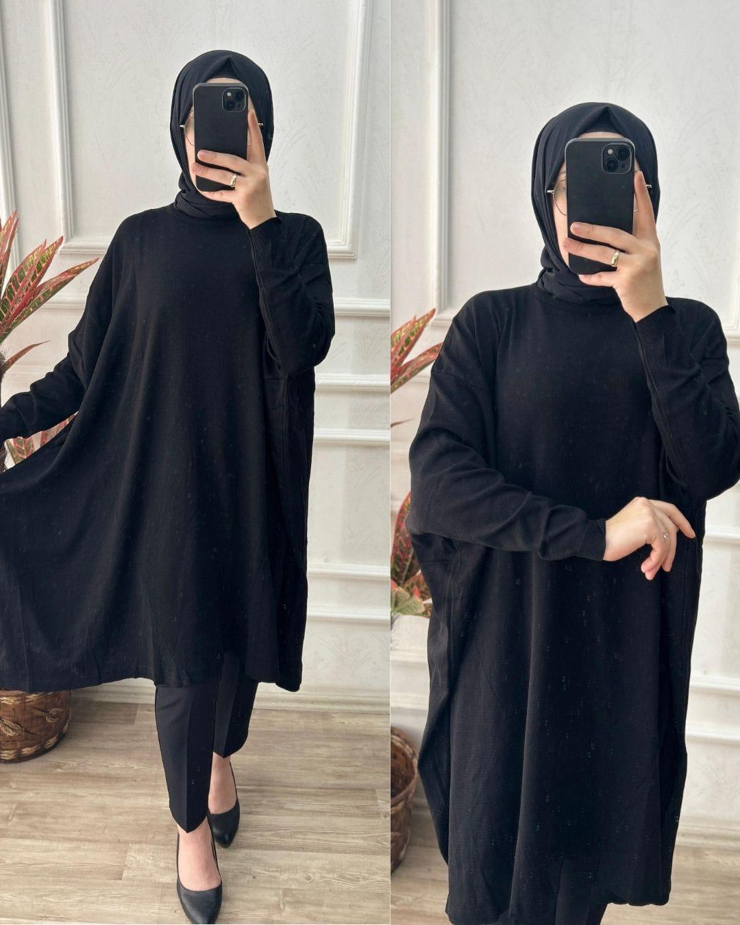 Büyük beden soğuk triko tunik (siyah)