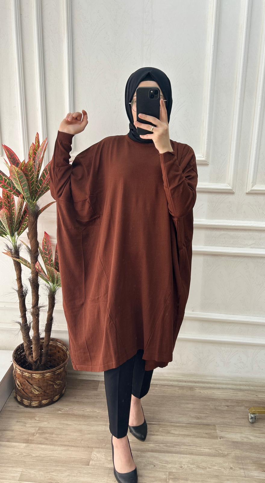 Büyük beden soğuk triko tunik (kahverengi)