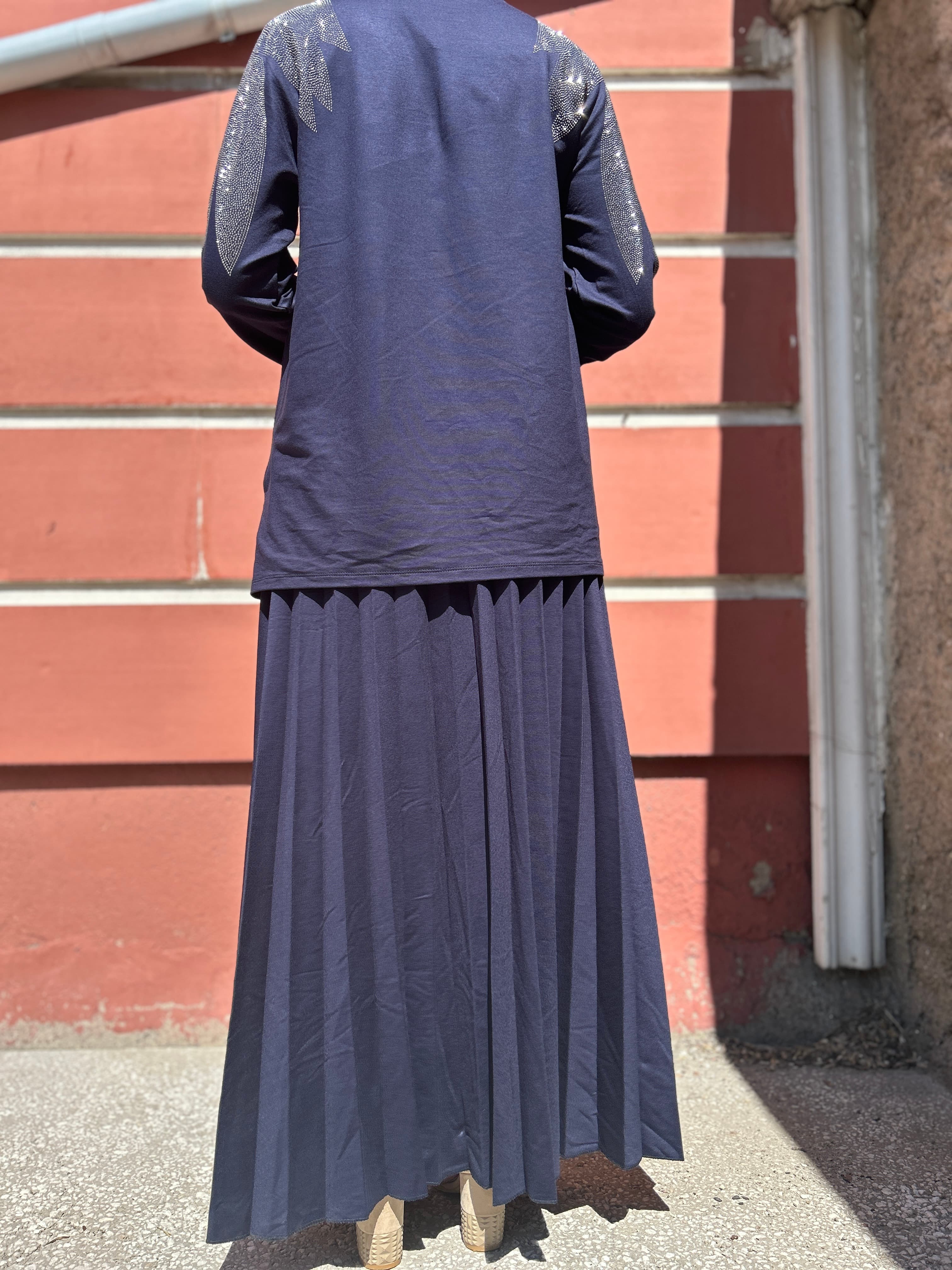 Taş Detaylı Piliseli Etekli Takım (Lacivert)