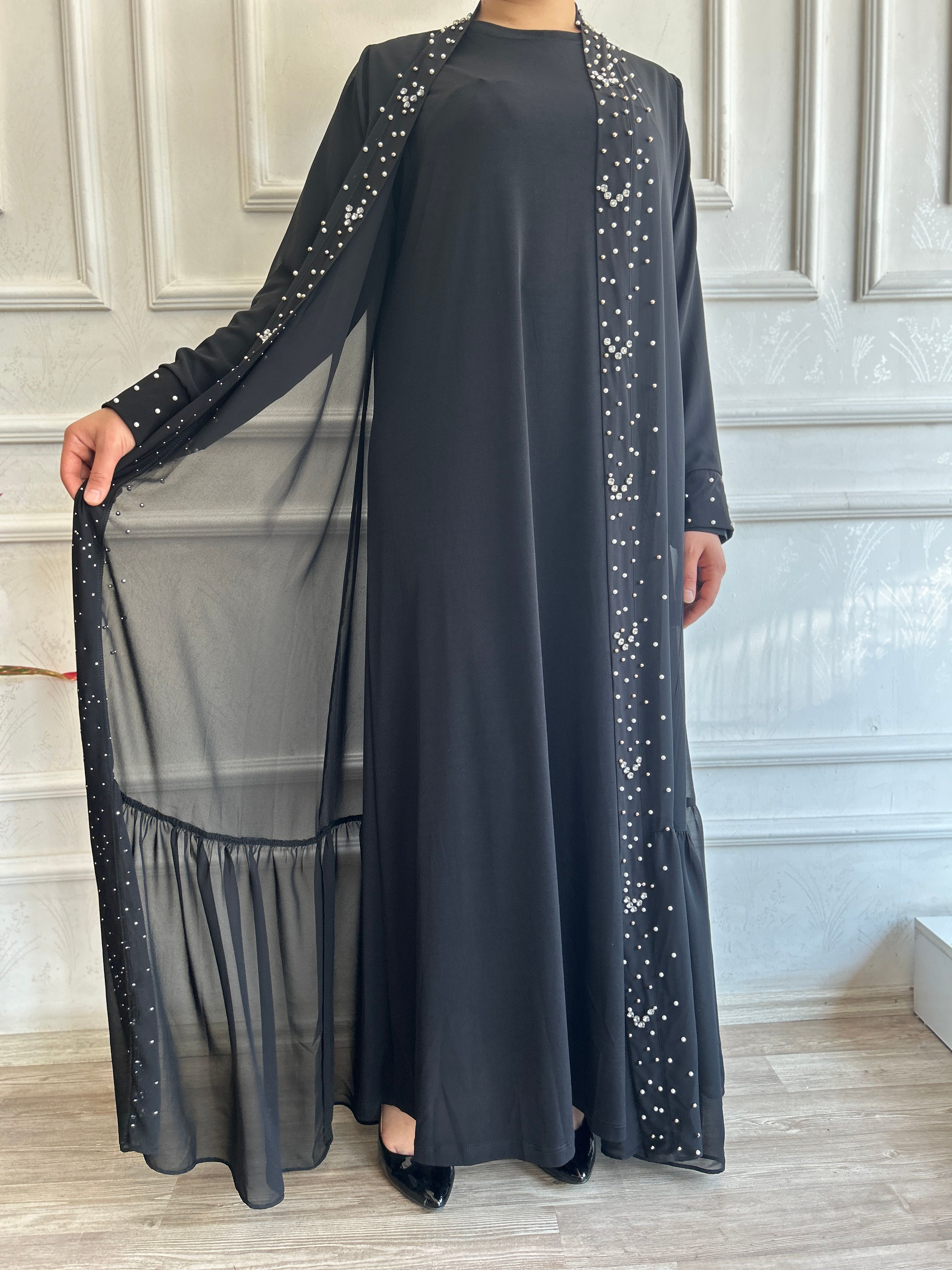 Eteği Fırfırlı Taşlı Abaya