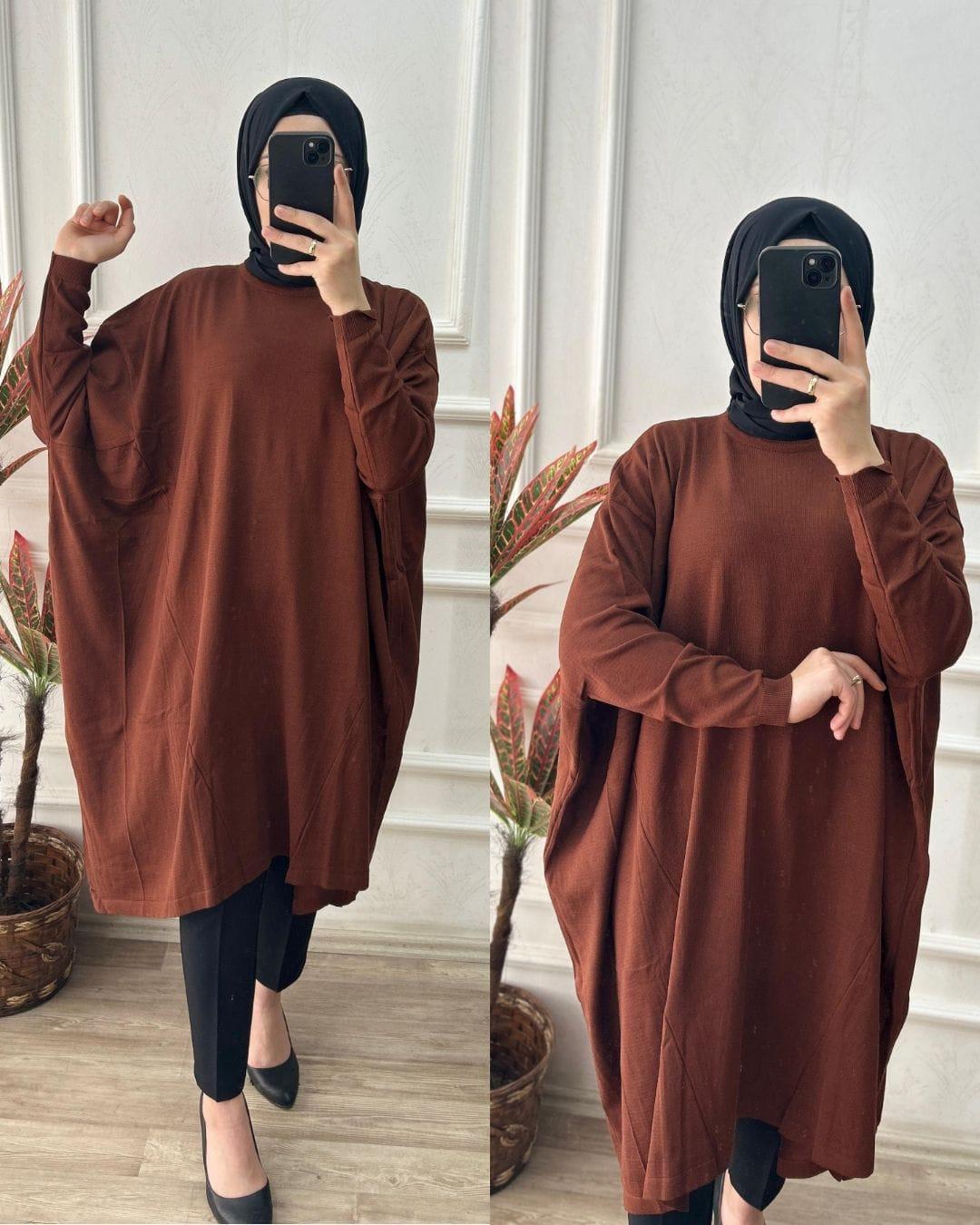 Büyük beden soğuk triko tunik (kahverengi)