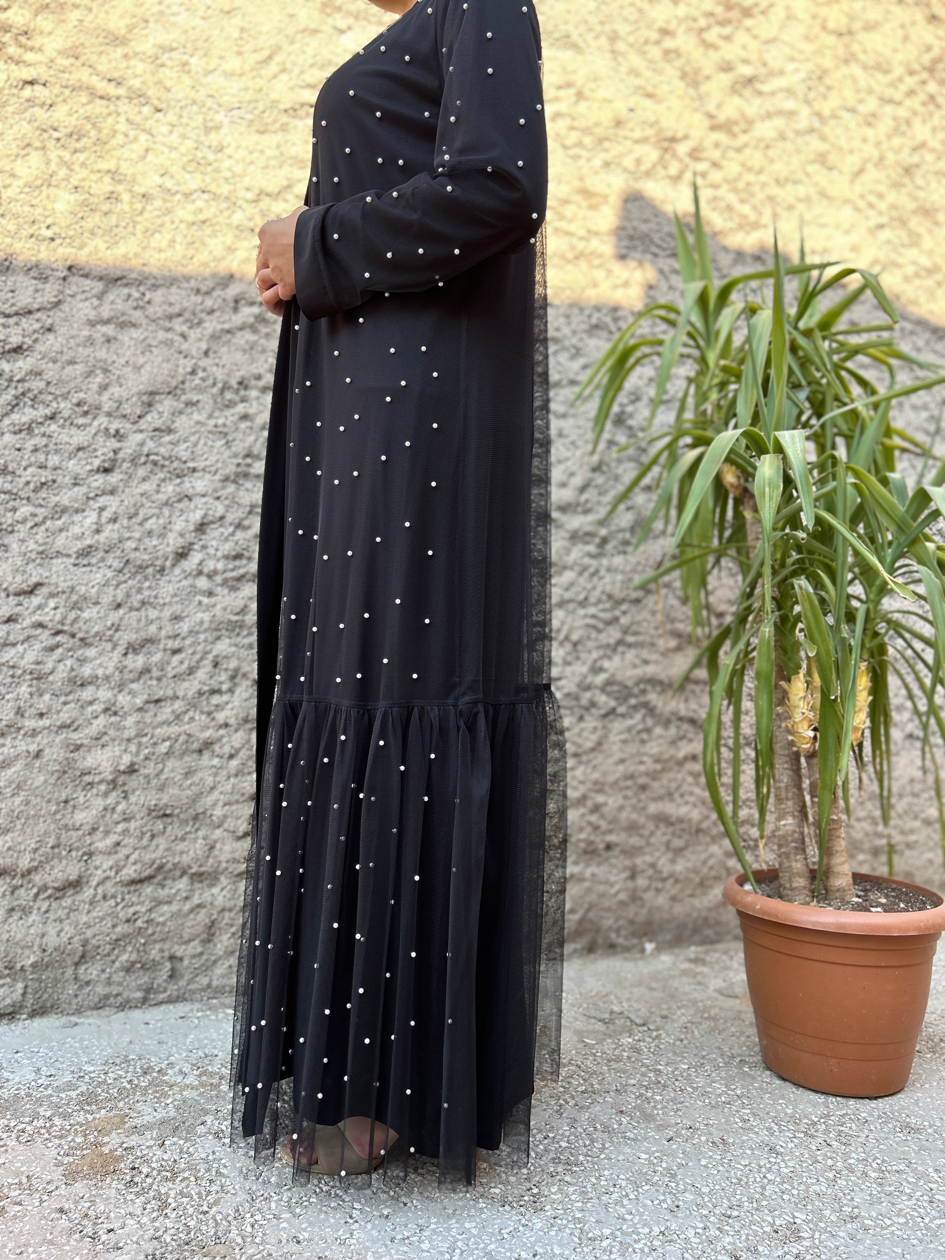 İnci Detaylı Abaya (Siyah)