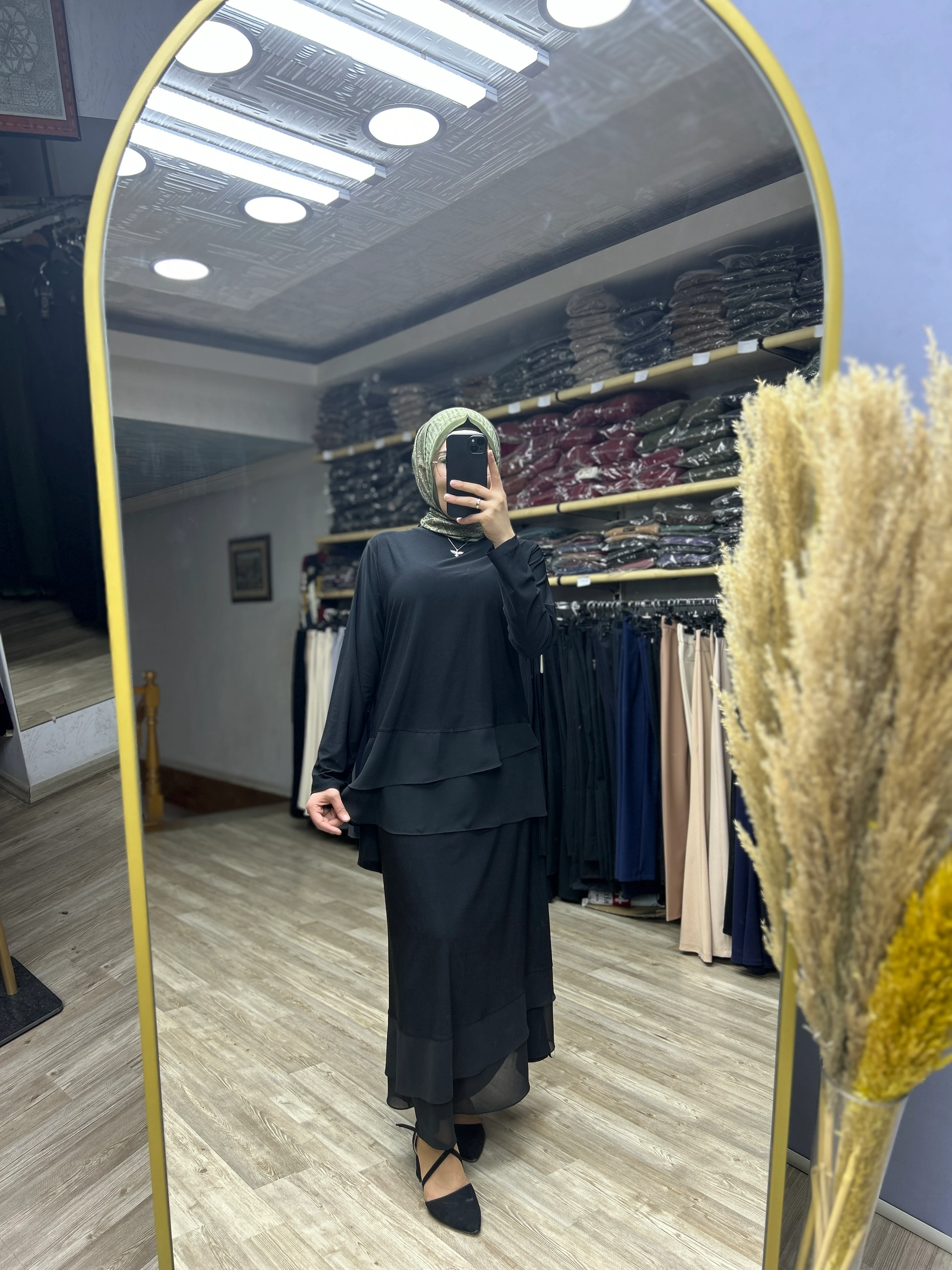 Şifon önü pileli ikili takım (siyah)