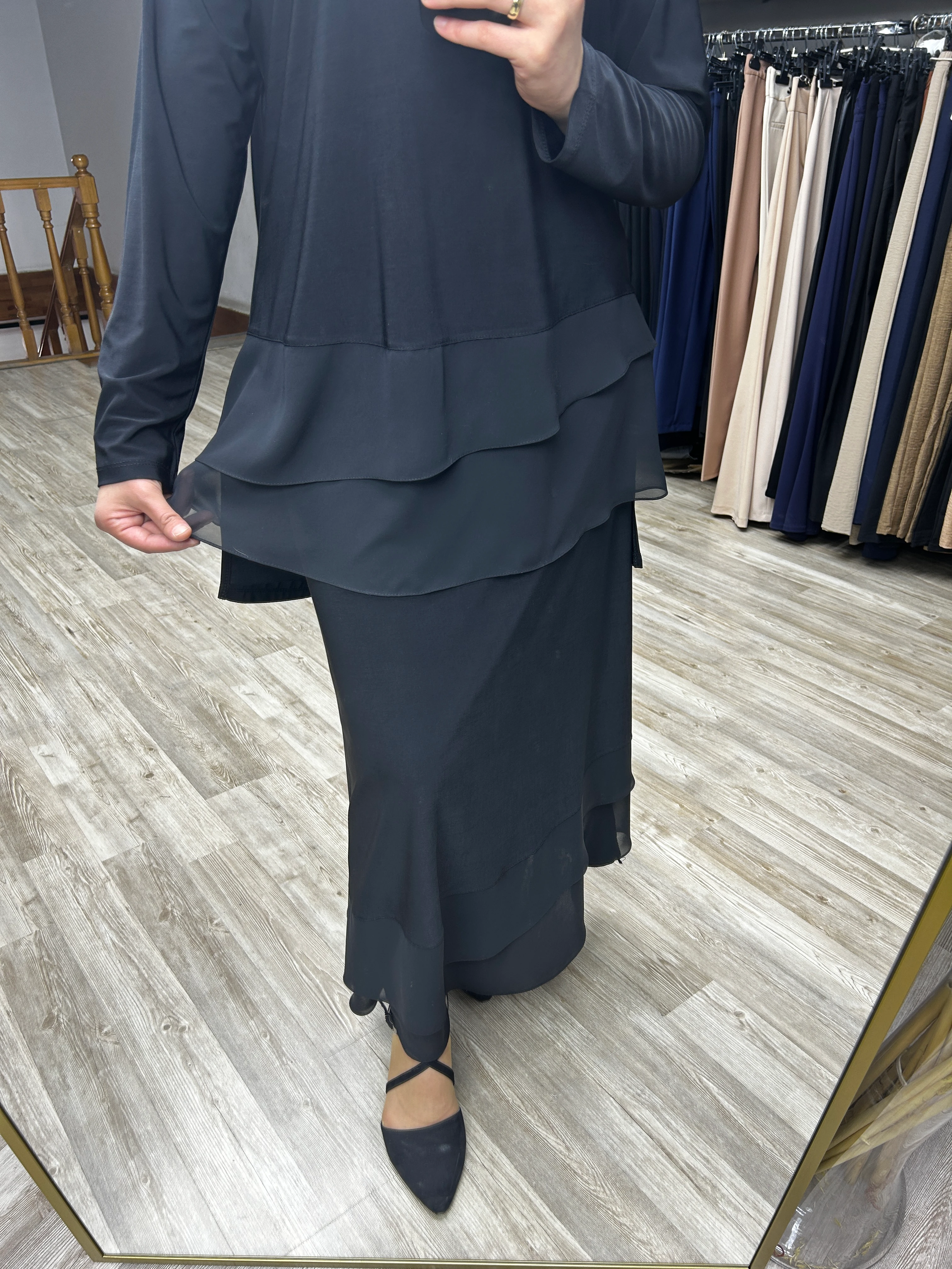 Şifon önü pileli ikili takım (siyah)