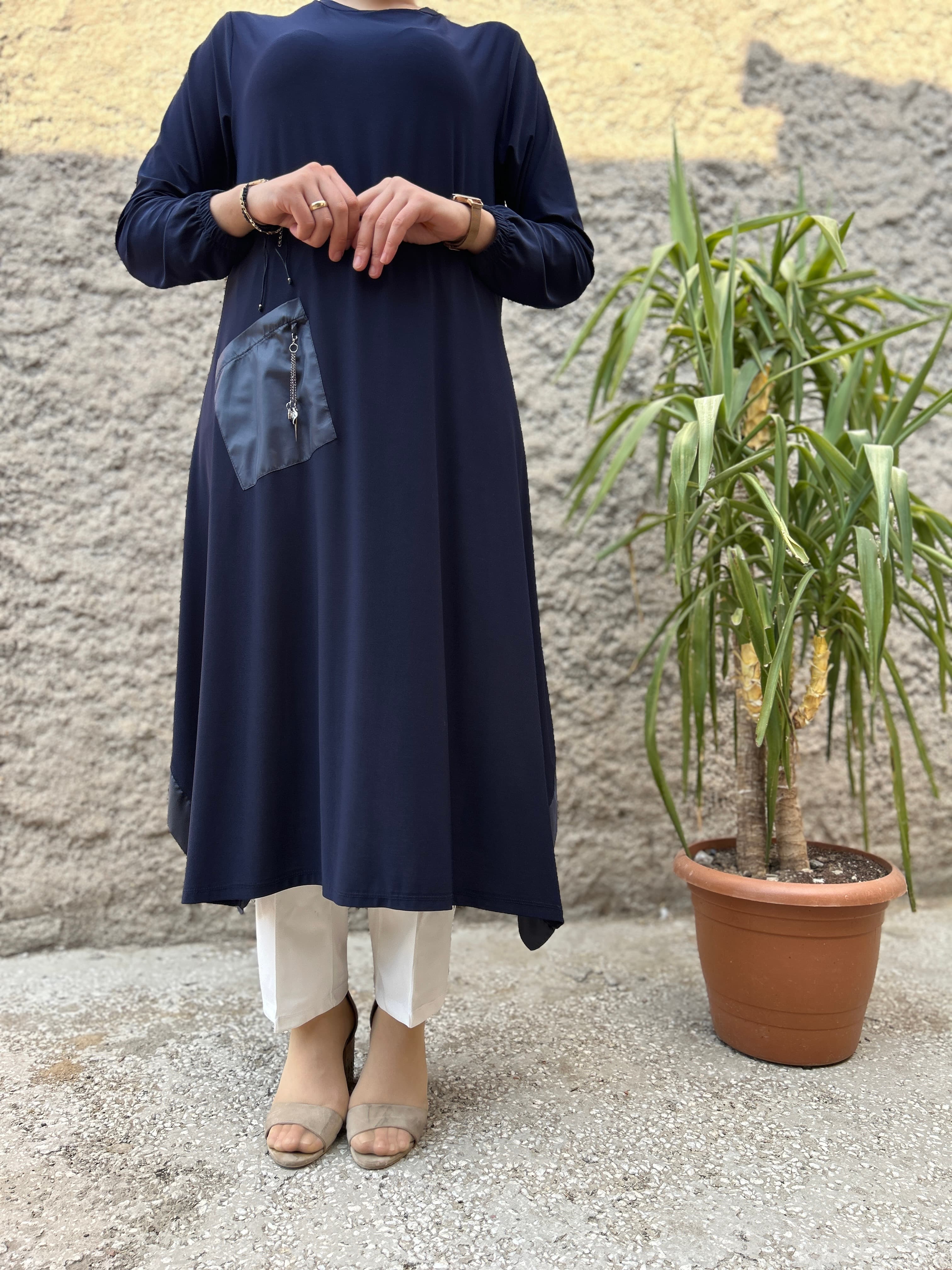 Deri Geçişli Sandy Tunik (Lacivert)