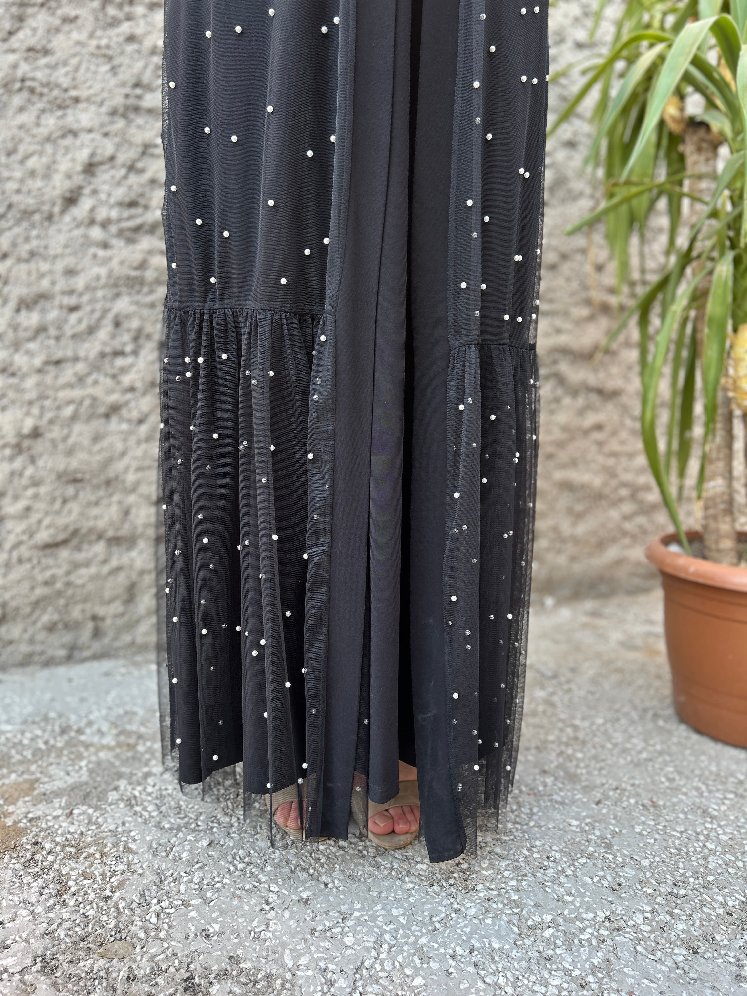 İnci Detaylı Abaya (Siyah)