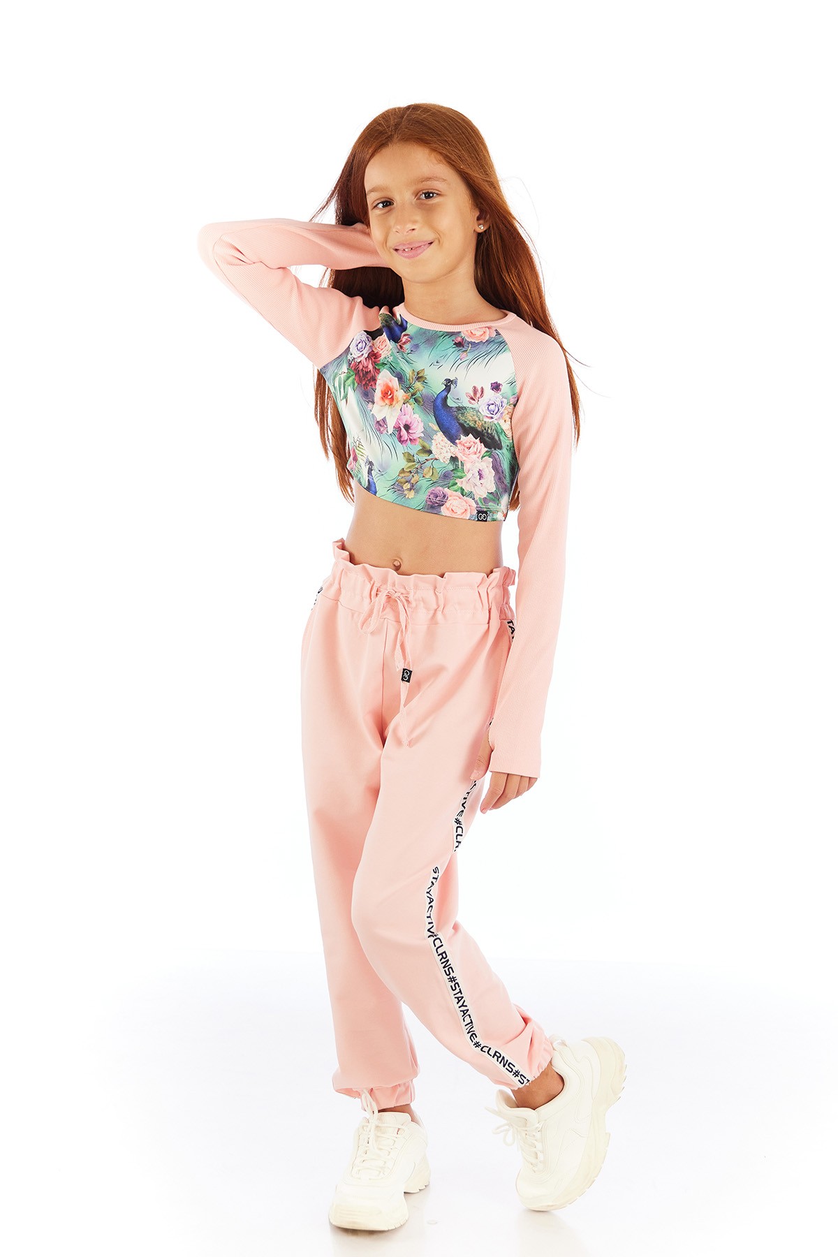 Tori Çiçek Desenli Uzun Kol Kız Çocuk Crop Sweatshirt - PEMBE