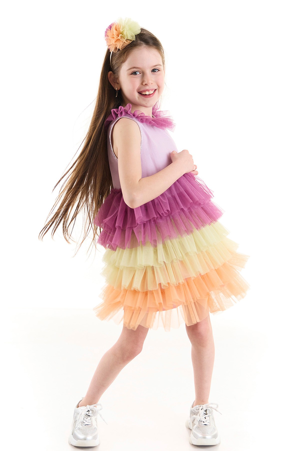 Rainbow Kolsuz Fırfırlı Kız Çocuk Tütü Elbise - Lila