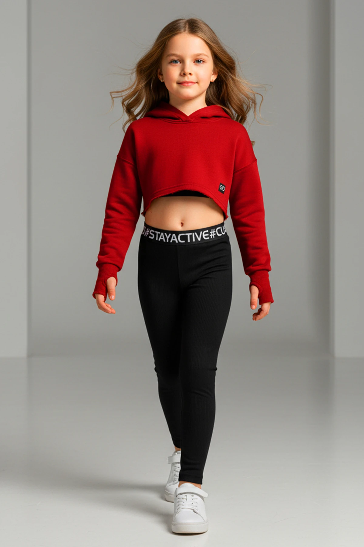 The Crop 3 İplik Kapişonlu Sweatshirt - KIRMIZI