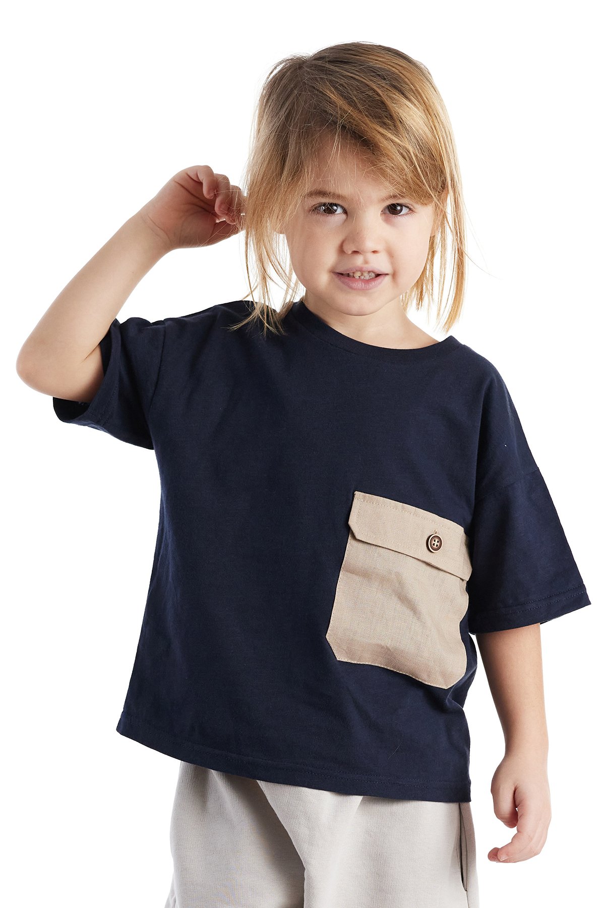 Big Pocket Unisex Büyük Cepli Kısa Kol Çocuk Tişört - LACIVERT
