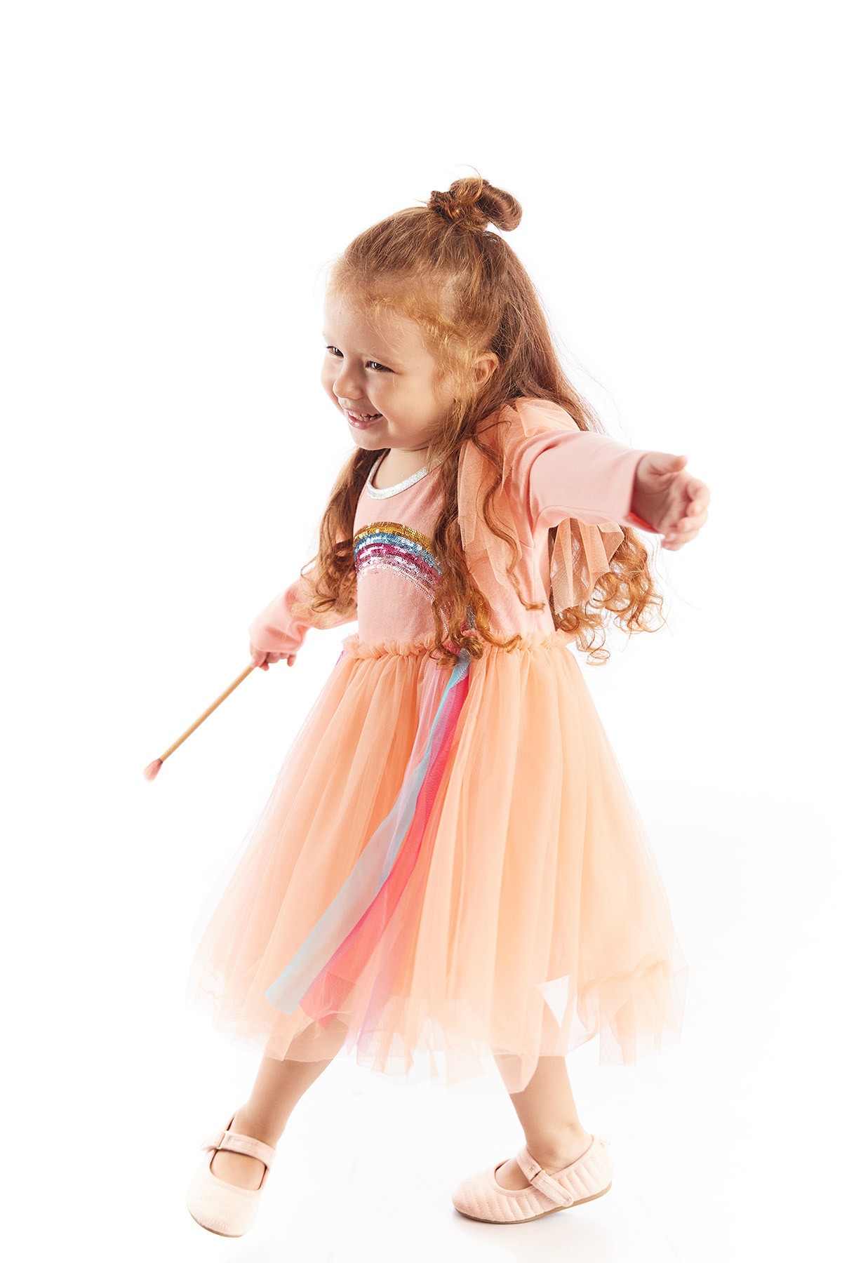 Payetl İşlemeli Rainbow Uzun Kol Kız Çocuk Tütü Elbise