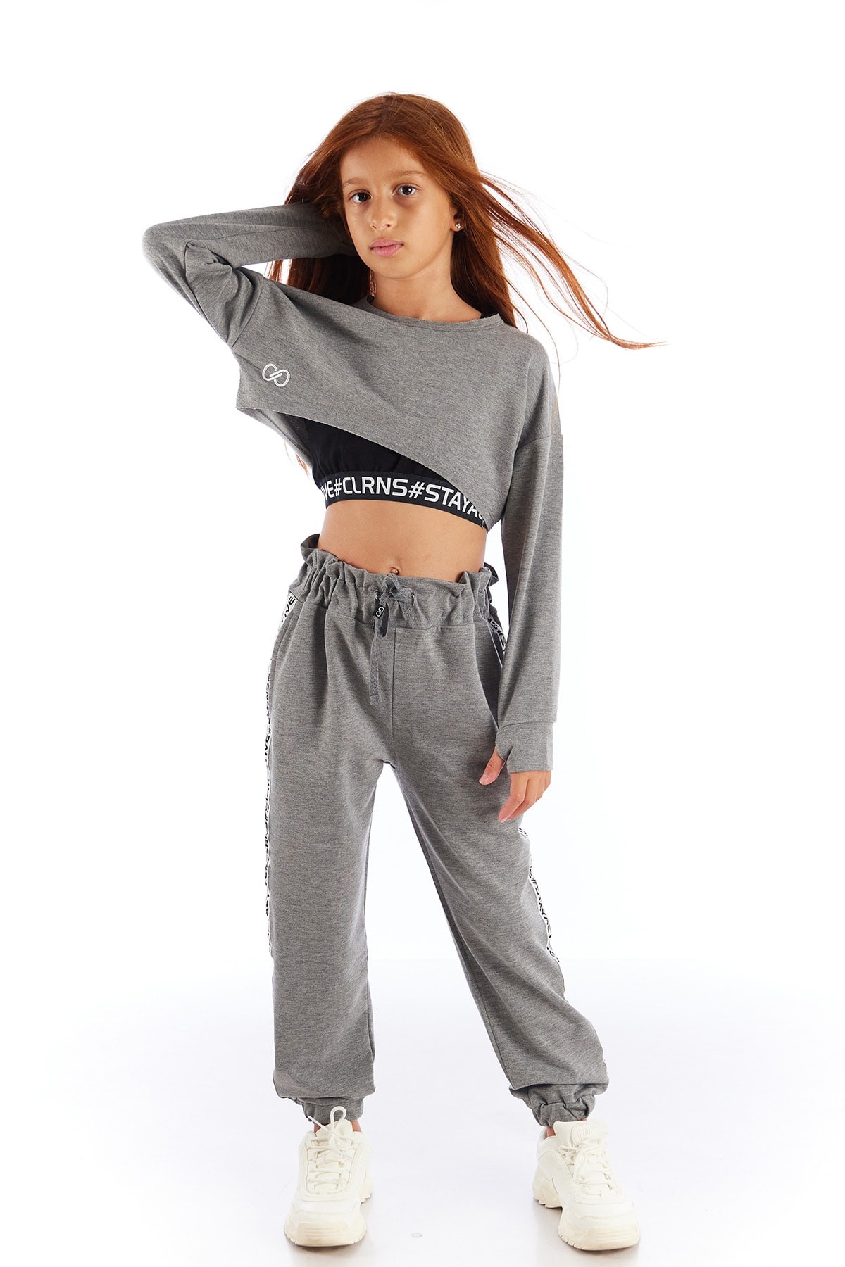 Nakış İşlemeli Crop Uzun Kol Kız Çocuk Penye Sweatshirt