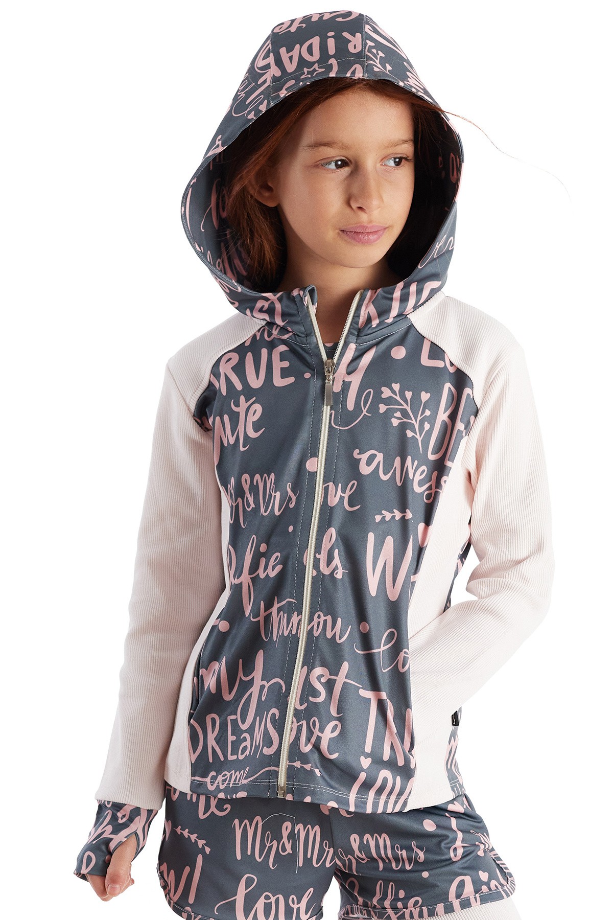 Shirley Girl Metraj Desenli Kapişonlu Kız Çocuk Sweatshirt Hırka - PEMBE