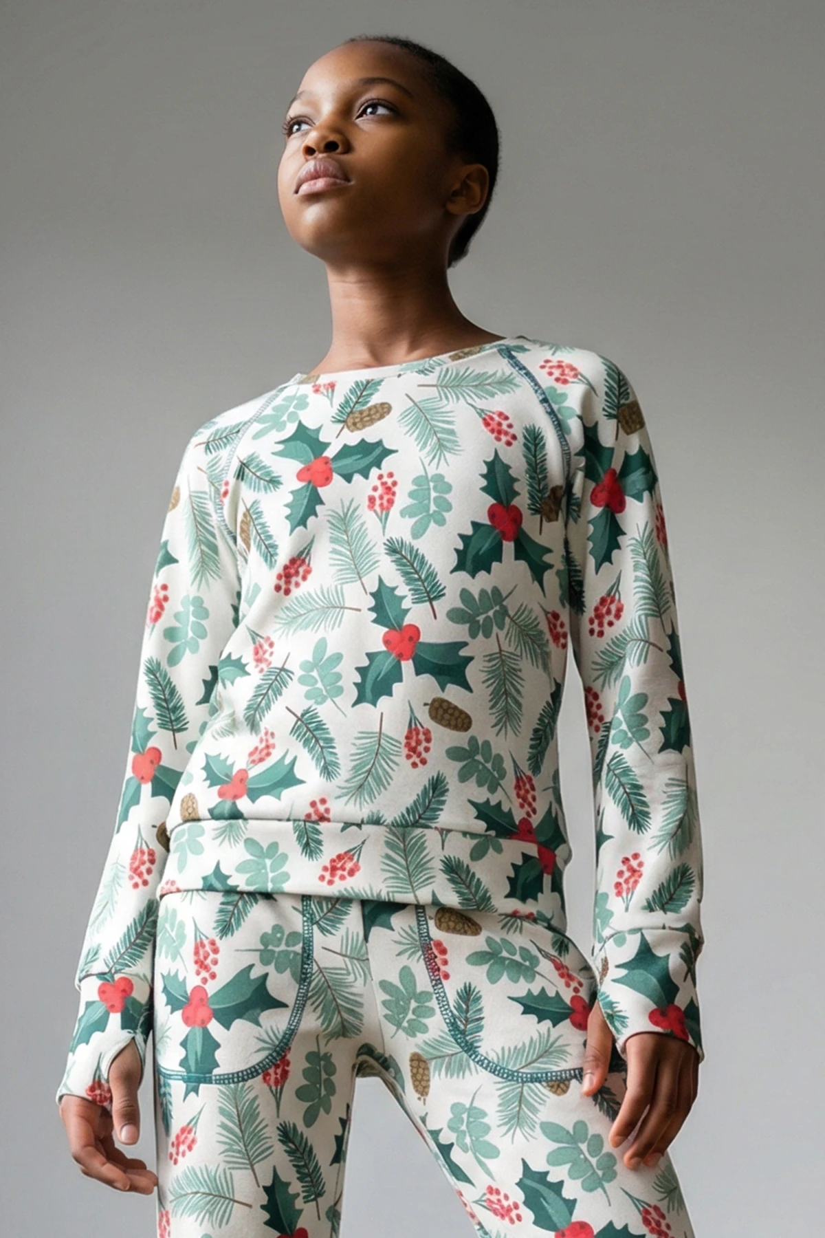 Merrywear Yeni Yıl Baskılı Parmak Geçmeli Sweatshirt - BEJ