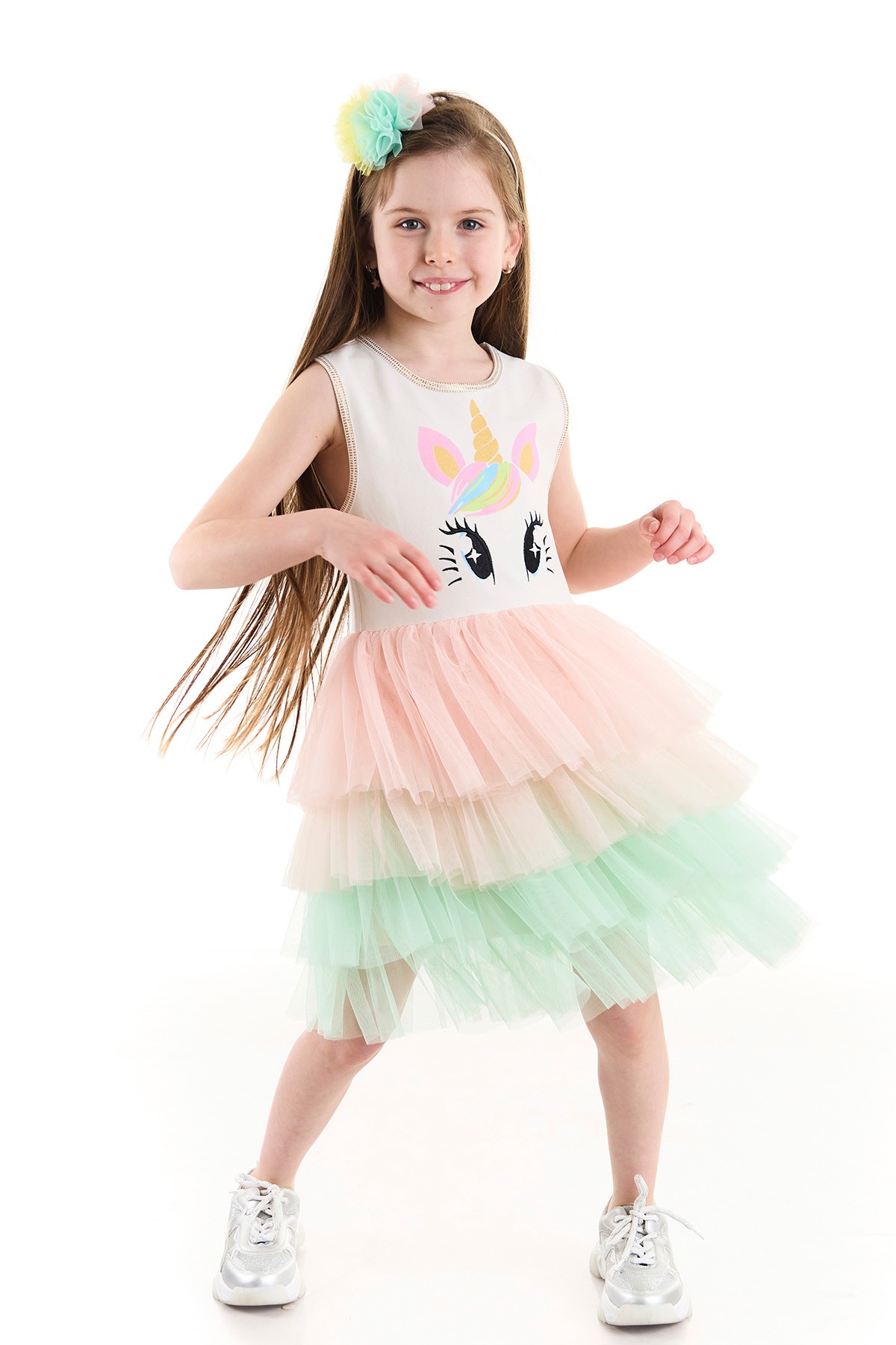 Unicorn Nakış İşlemeli Baskılı Kız Çocuk Tütü Elbise
