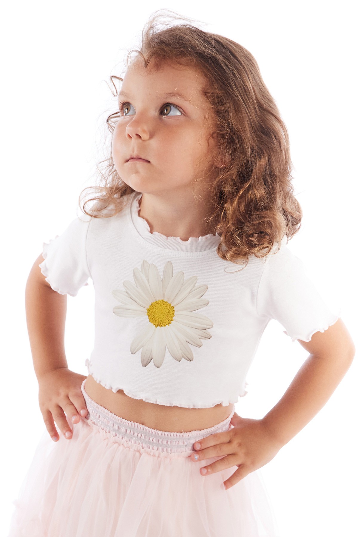 Trim Papatya Baskılı Kız Çocuk Crop Tişört