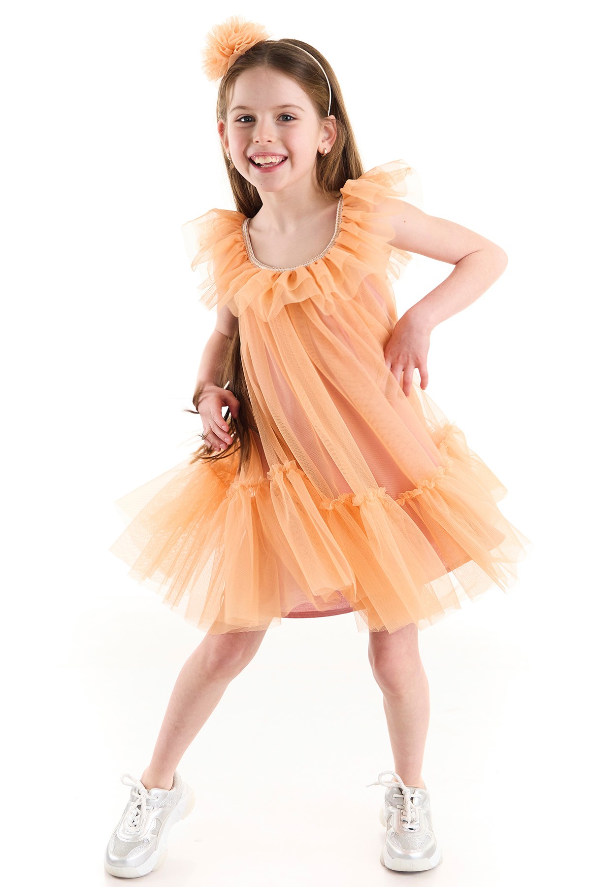 April Parlak Biyeli Yakası ve Eteği Fırfırlı Kız Çocuk Parti Elbisesi - Portakal
