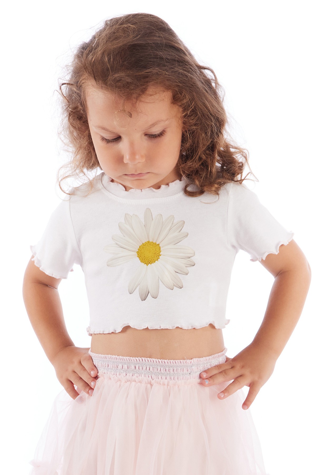 Trim Papatya Baskılı Kız Çocuk Crop Tişört