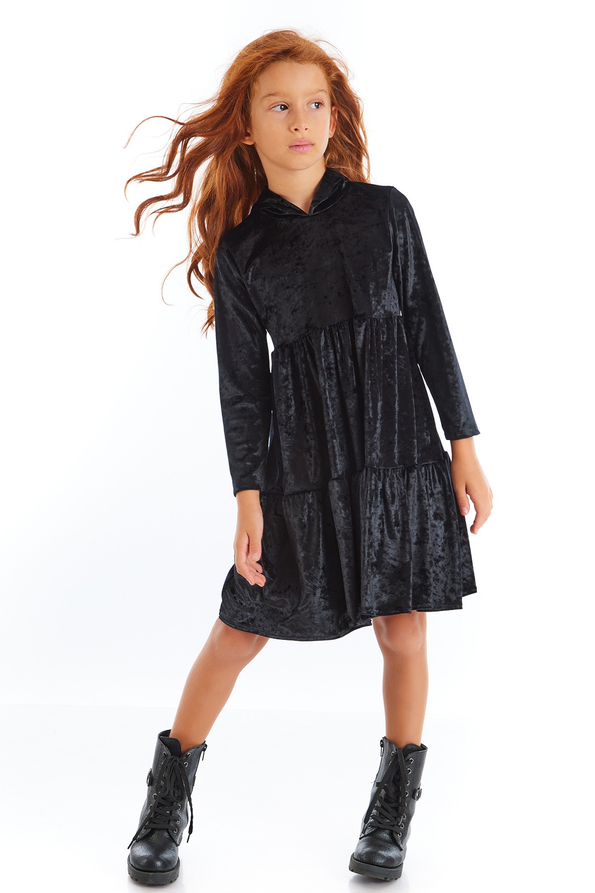 Kadife Kapişonlu Uzun Kollu Eteği Fırfırlı Kız Çocuk Elbise