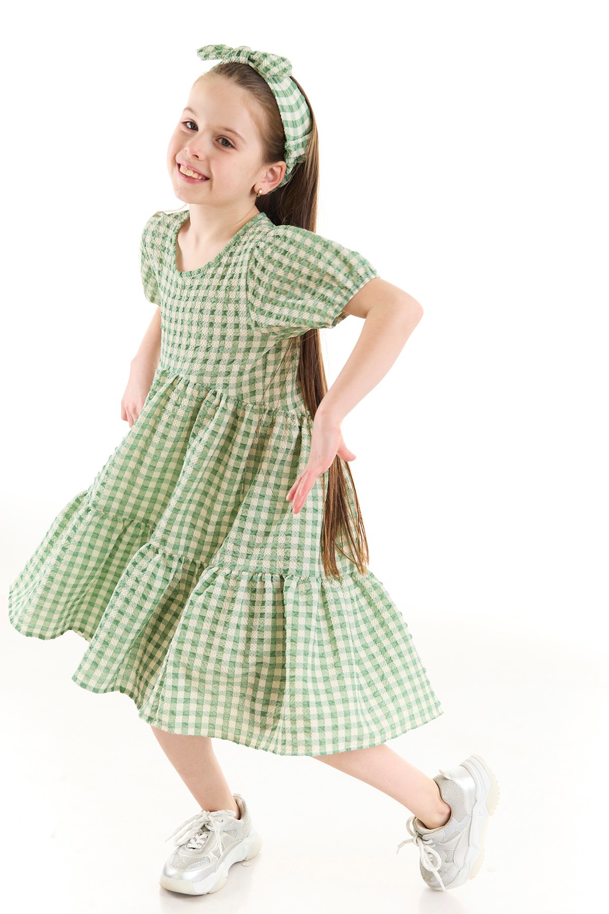 Clara Ekose Desenli Gofre Eteği Fırfırlı Kız Çocuk Elbise - Yeşil